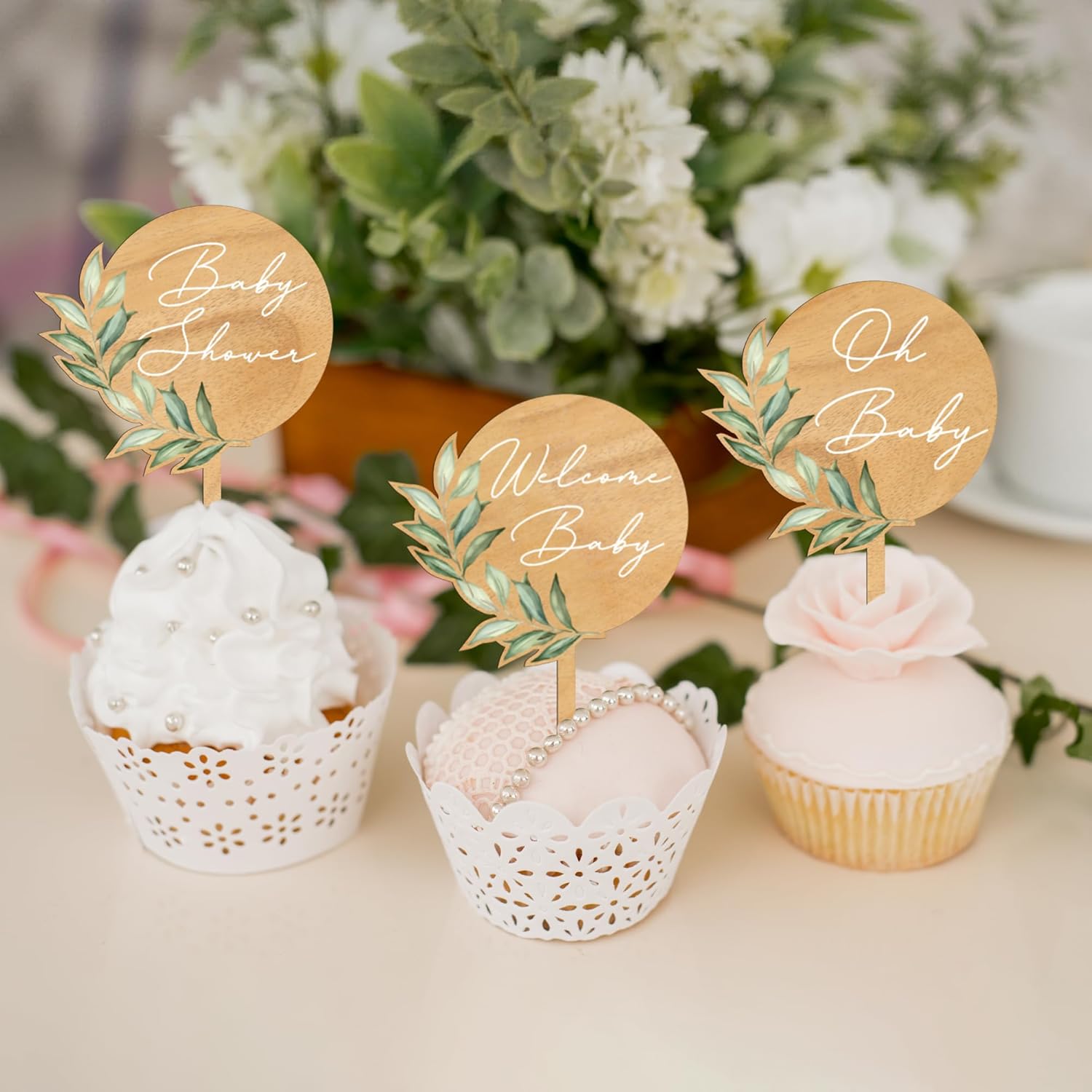36 PCS Baby Shower Party Cupcake Toppers Oh Baby Cake Cupcake Decorations in Wood (Design 02)
