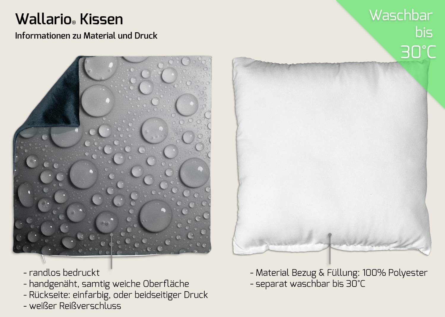 Wallario Dekokissen 30 x 30 cm, Wassertropfen in schwarz weiß, beidseitig Bedruckt, Kuschelkissen mit weicher Plüsch-Oberfläche