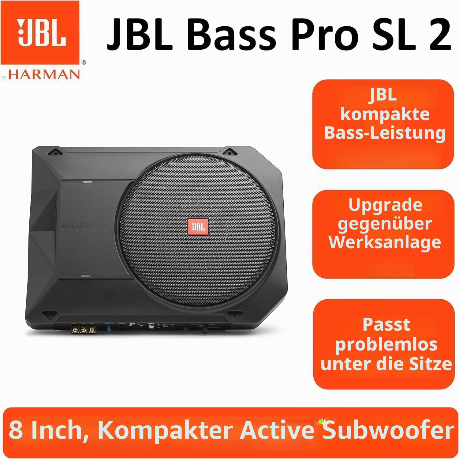 JBL BassPro SL2 Aktiv Subwoofer Auto Set - Car hifi Untersitz Bassbox Gehäuse mit Bassreflex Woofer box groß 200mm und 125 Watt aktiver Verstärker, Schwarz, 44