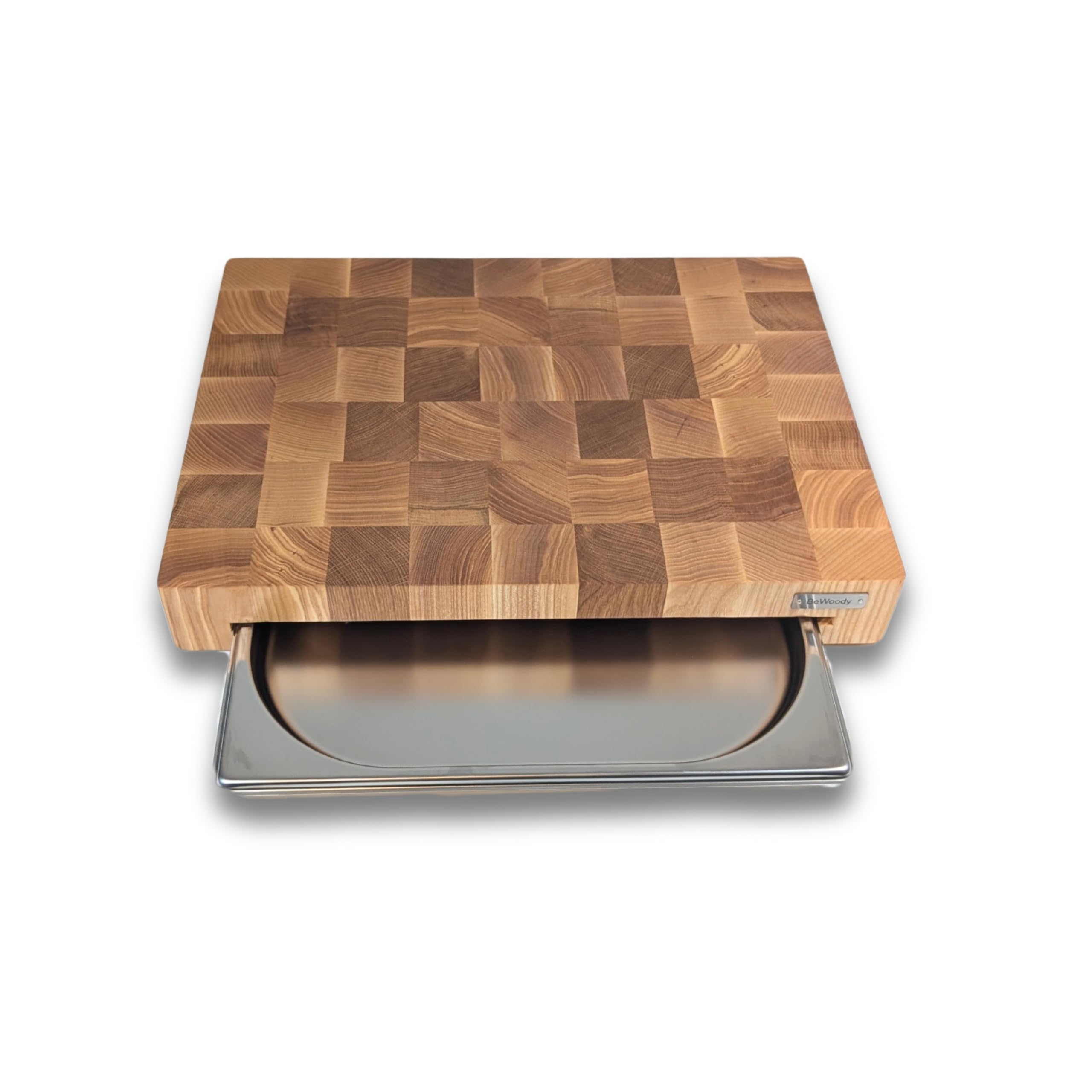 Premium Stirnholz Schneidebrett Eiche & Esche 40×30×5,5 cm – mit Edelstahlschublade 1,3 L – Küchenbrett rutschfest & massiv