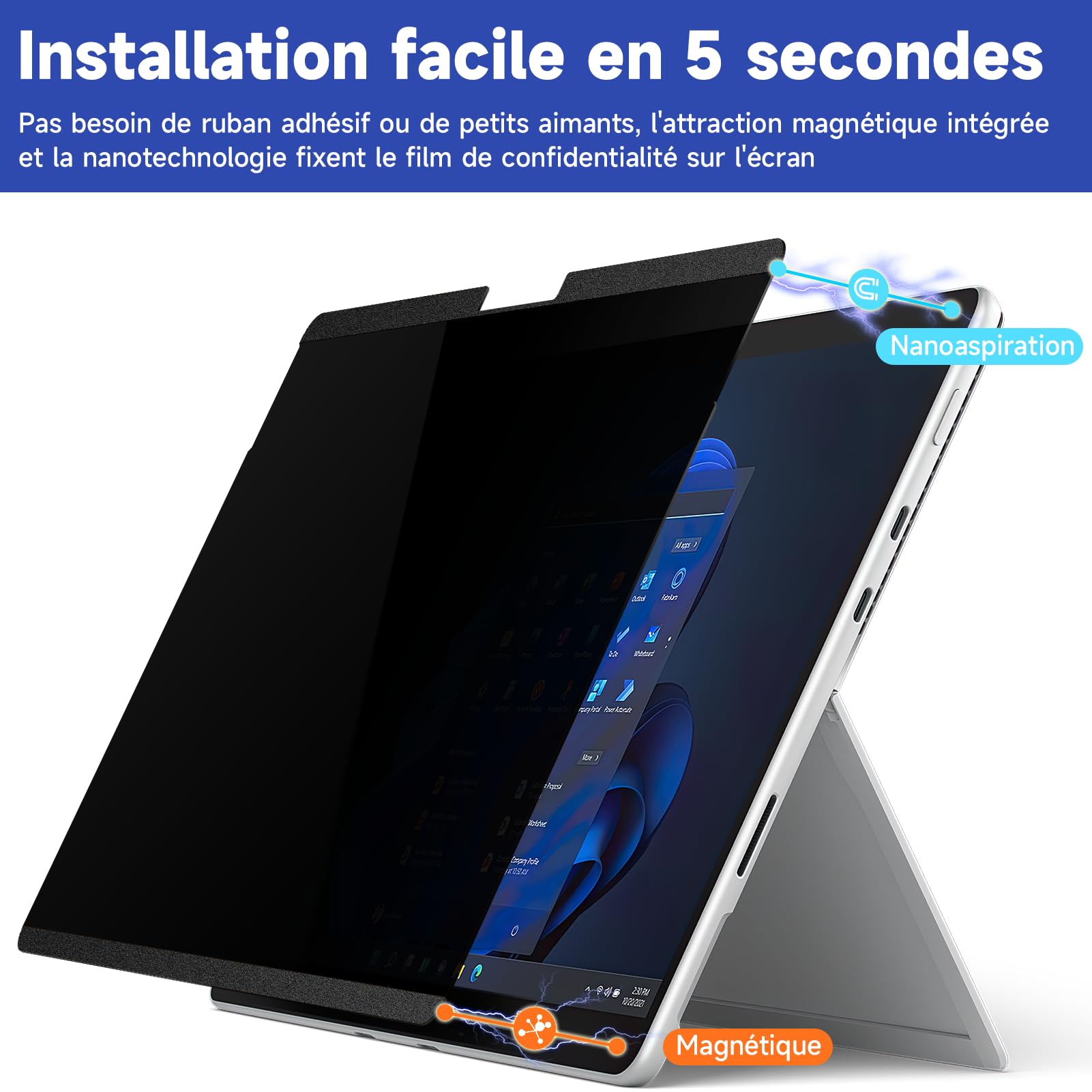 IPROKKO Filtre de Confidentialité Magnétique Pour 13 Pouces Surface Pro 11/10/9/8/X, Protection D'écran Amovible, Anti Lumière Bleue, Anti Reflet, Ecran Anti Espion Pour Microsoft Surface