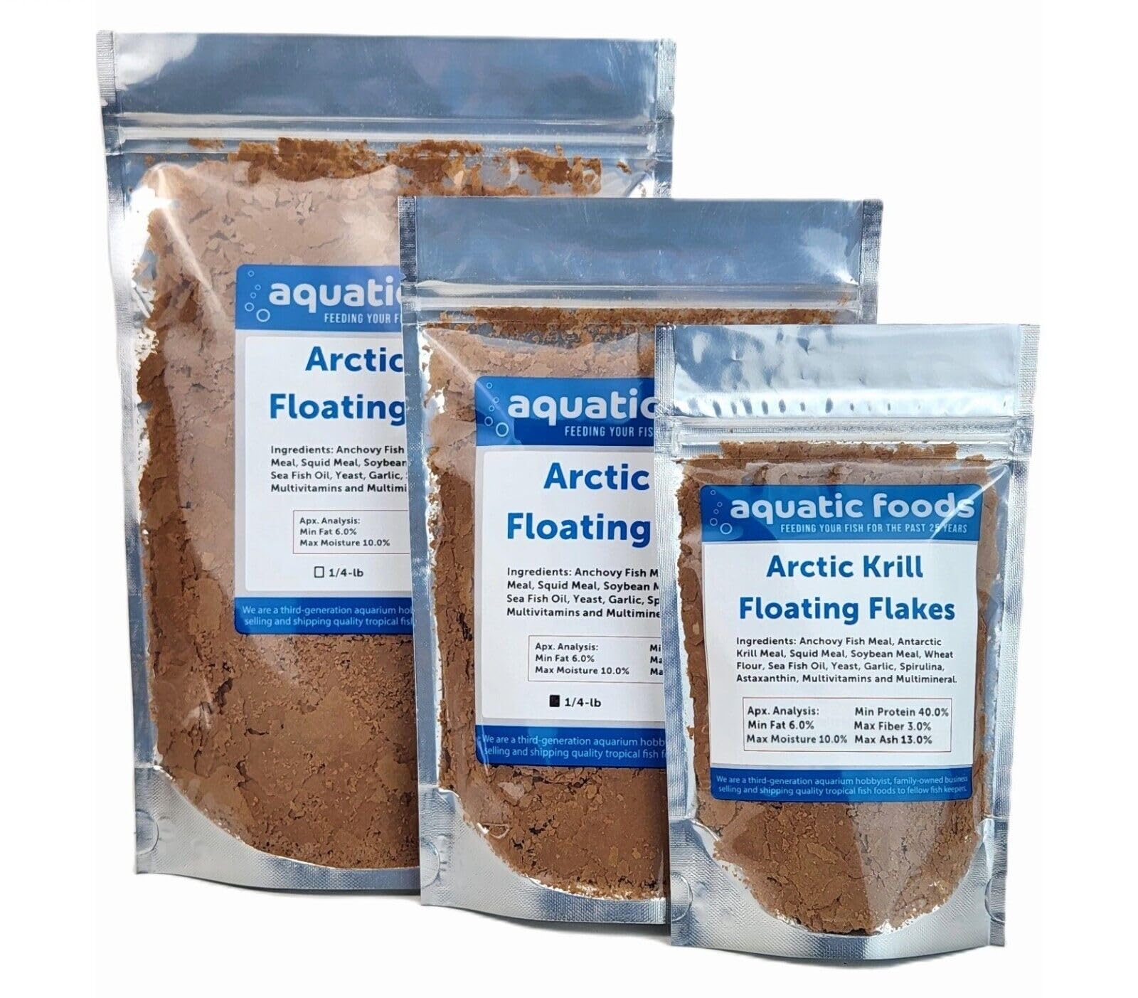 Aquatic Foods Inc. Arctic Krill Flakes which Contain Natural Carotenoids & Astaxanthin That Will Enhance The Vibrant Colors of Fish, for All Tropical