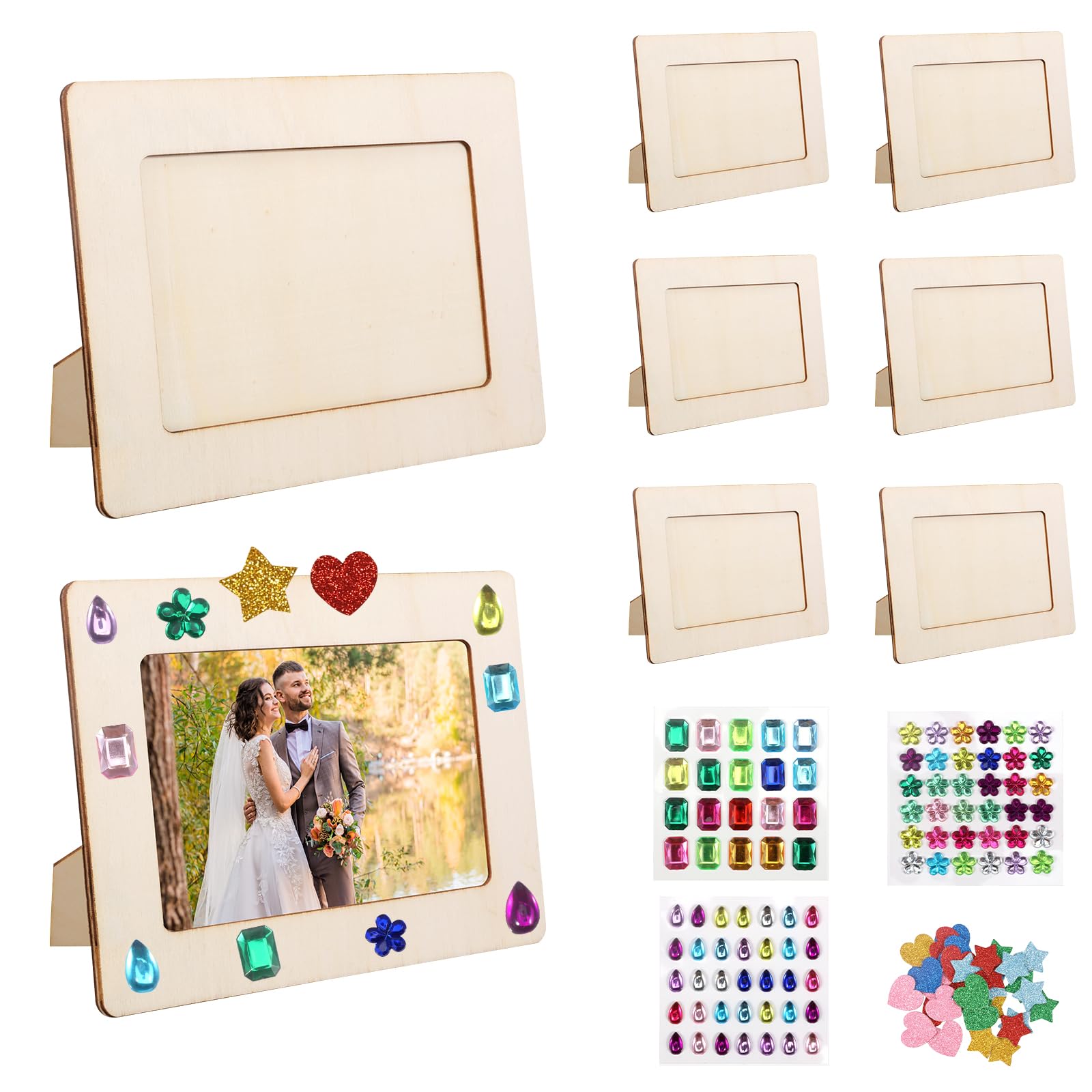8Pcs Craft Photo Frames to Decorate DIY Wooden Picture Frames with Stickers Unfinished Wood Frame Creativity Wooden Photo Frame Kit for Kids DIY Projects, School Crafts, and Home Decorations