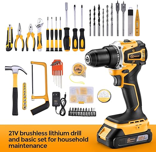 Miniatura 6 de Juego de herramientas de motor sin escobillas: taladro inalámbrico amarillo de 21 V, caja de herramientas de taladro eléctrico, portabrocas sin