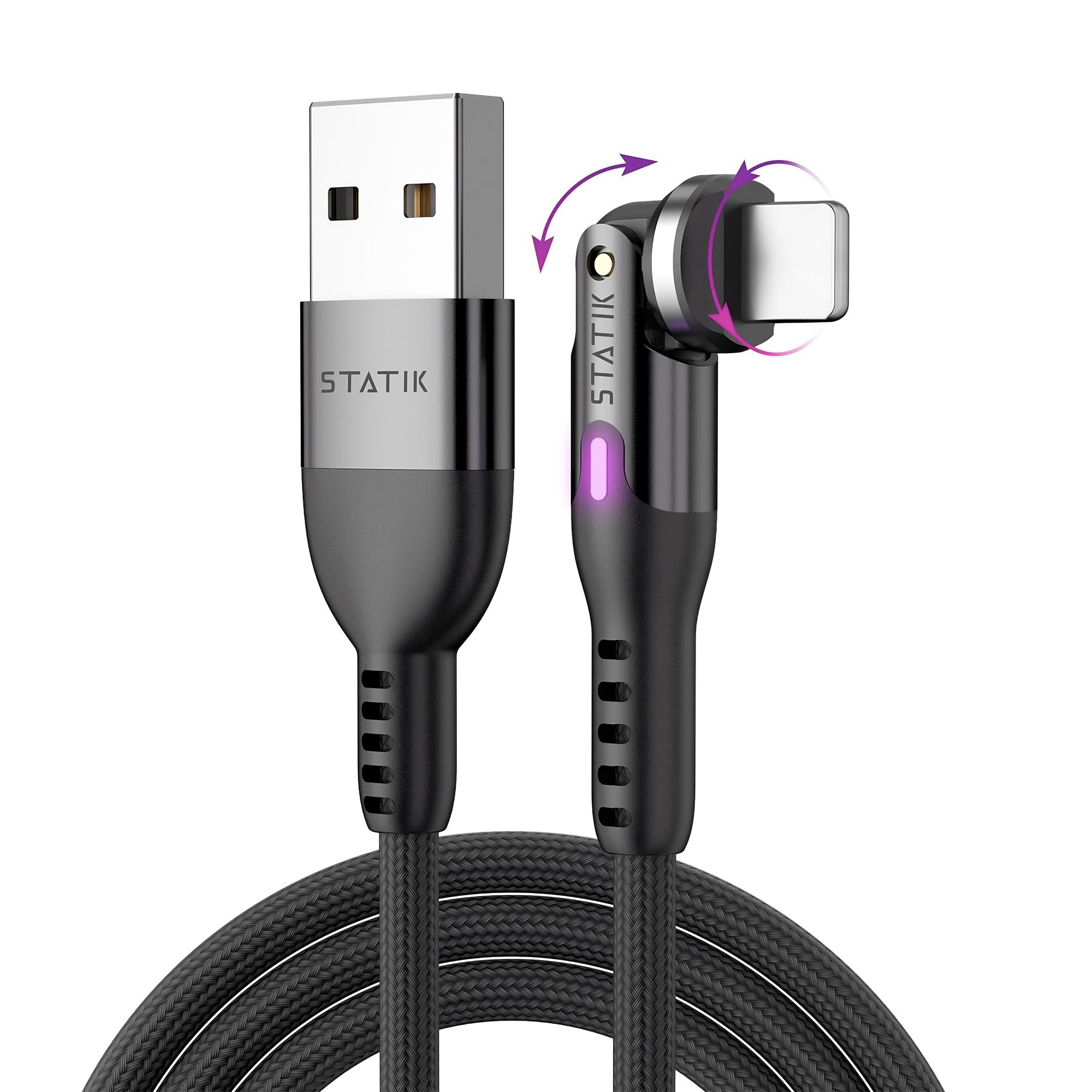 Statik PowerPivot 12W USB to iPhone Compatible Charging Cable - Right Angle Cable with 360 Degree Rotating Head, 90 Degree Swivel, iPhone Compatible Charging Cable & Data Transfer - 3FT/1M