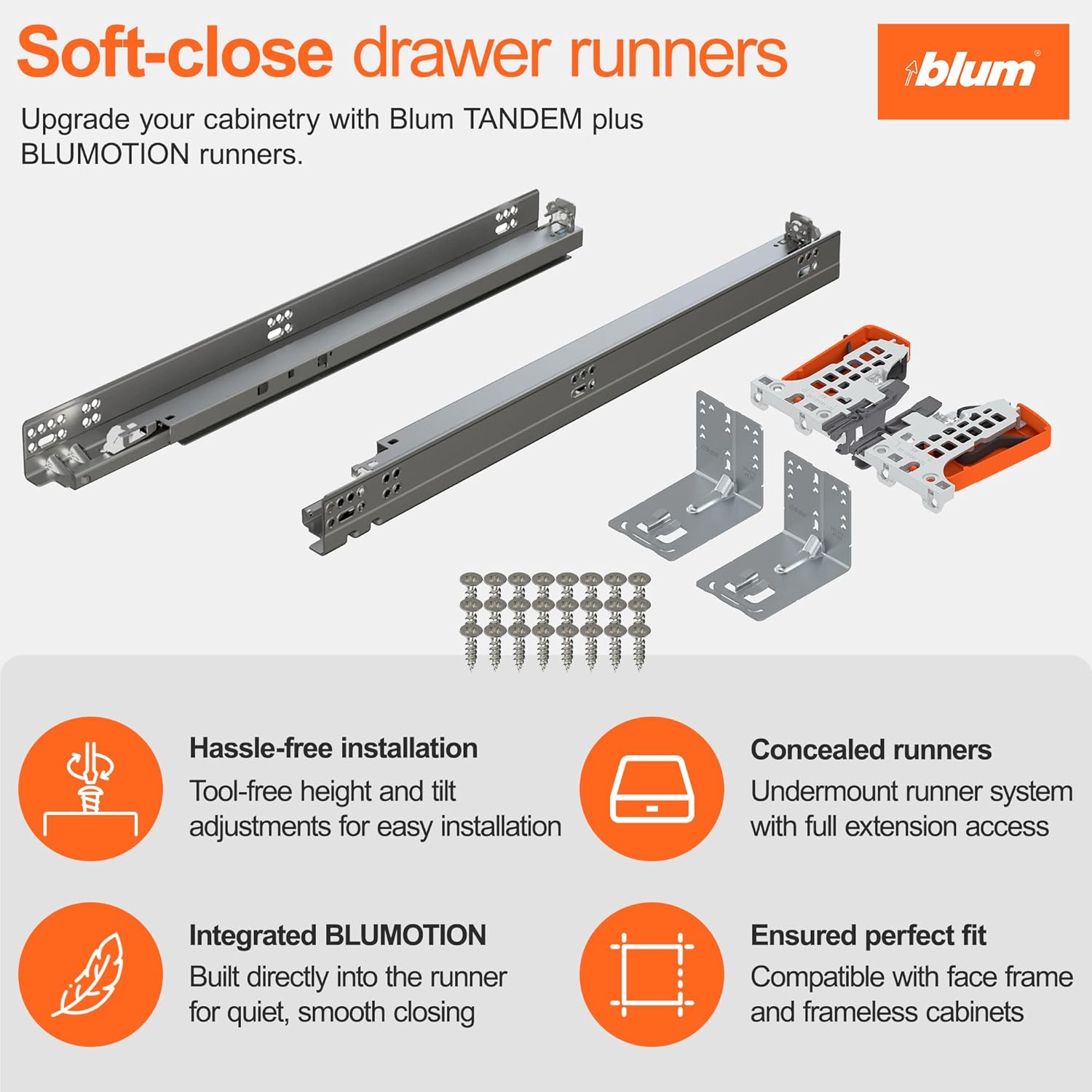 Blum Tandem Plus BLUMOTION Concealed Undermount Drawer Runner Kit, 18-Inch, Full Extension, Soft-Close, Steel, 100 lb. Load Capacity for Wood Drawers