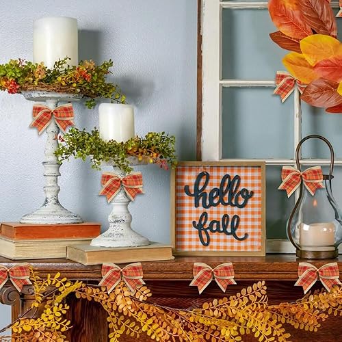 Miniatura 5 de 10 lazos de otoño para corona, lazos de corona de Acción de Gracias, lazo naranja y rojo a cuadros, lazo de arpillera natural, lazos de árbol de