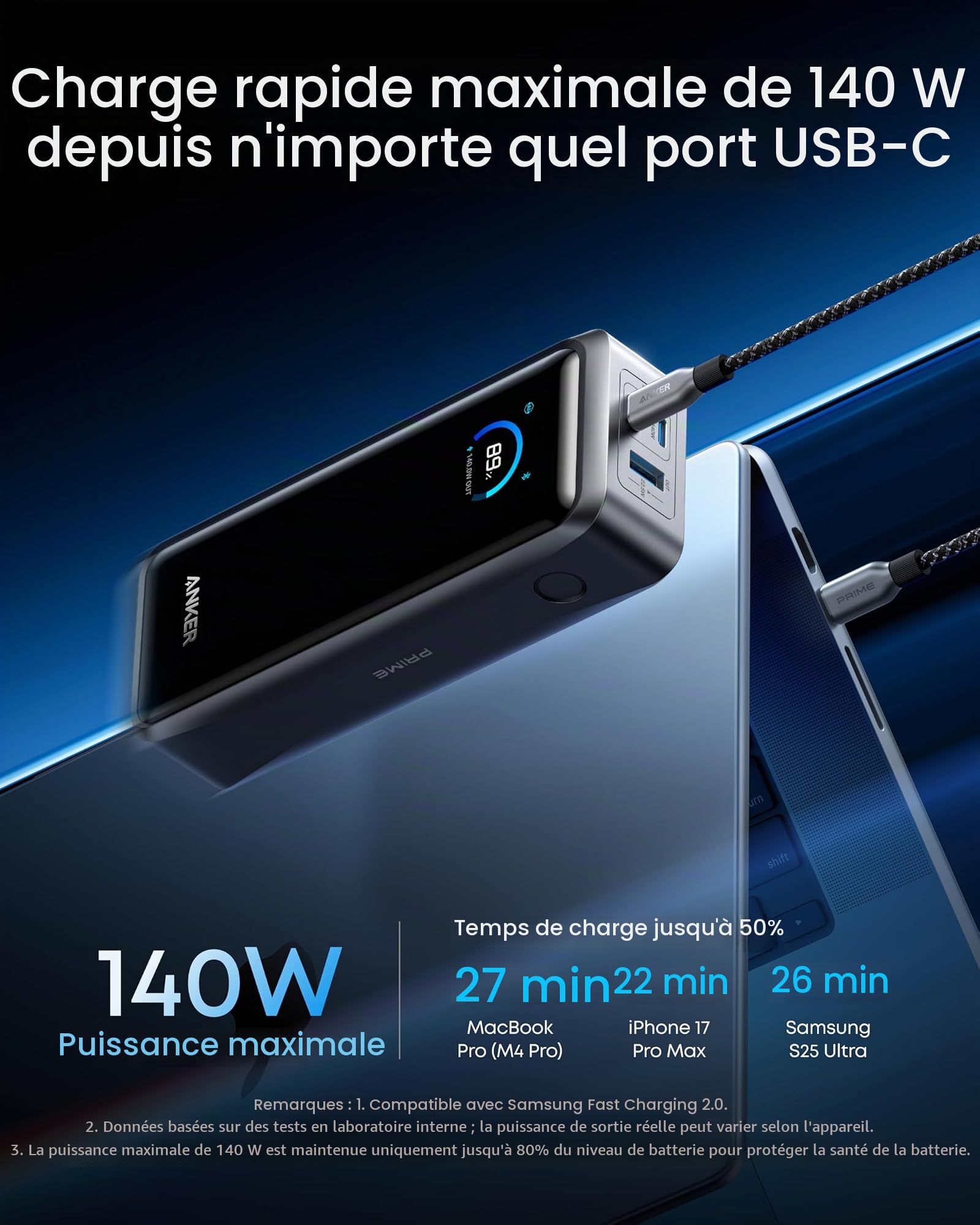 Anker Bundle Prime Batterie Externe 26250mAh 300W 3 Ports + Câble USB C vers USB C 240W 1,8m Nylon Tressé, Charge Rapide Bilatérale, Autorisée en Avion, pour iPhone 17 16 Pro Max, MacBook, iPad, Galax