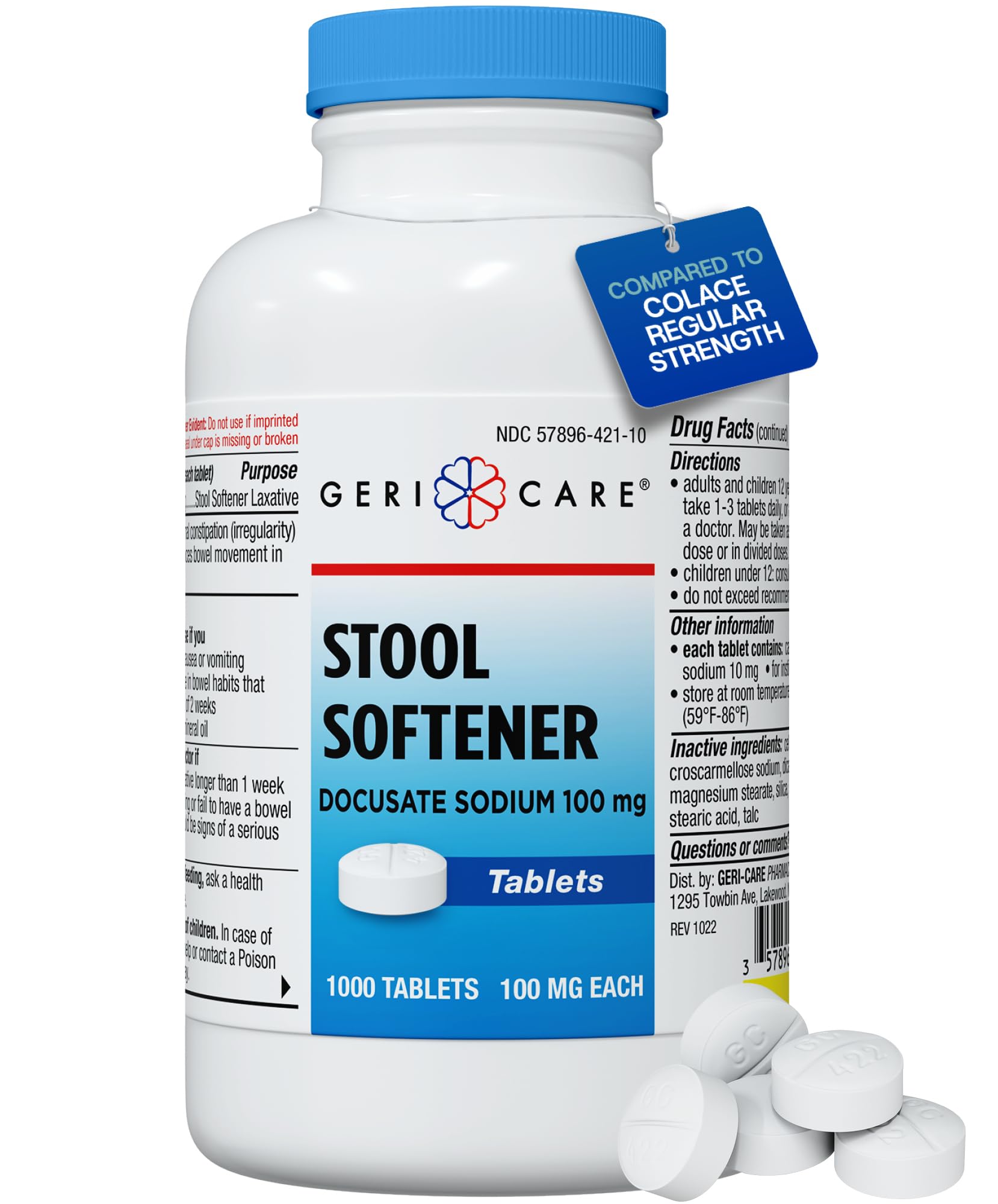 GeriCare Docusate Sodium Stool Softeners | Compared to Colace Regular Strength | Ideal for Constipation Relief,100mg Crushable Tablets. Dye Free (1000