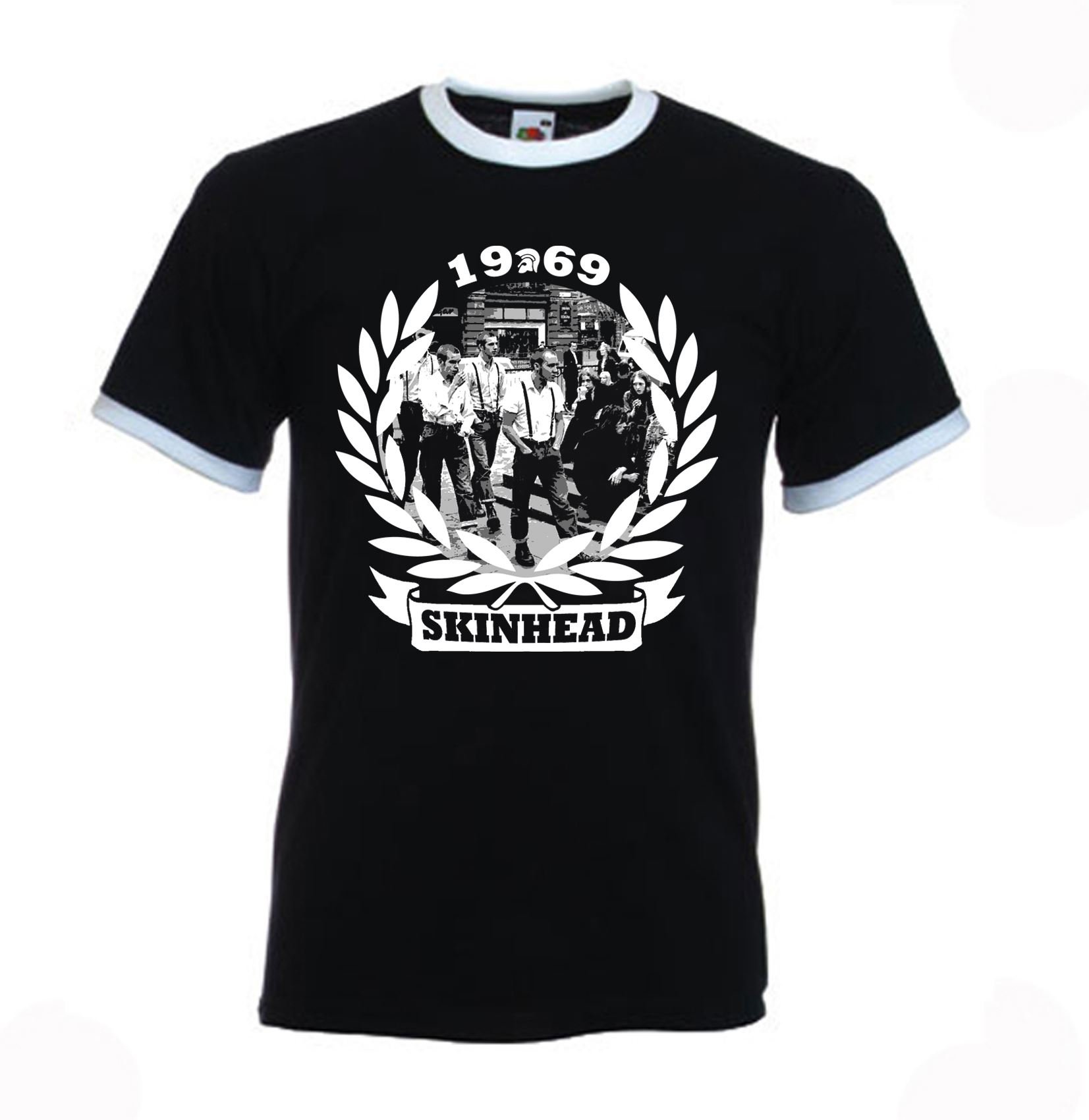 Tribal T-Shirts Men's Black 1969 Skinhead Logo Northern Soul Contrast Ringer T-Shirt (Large, )