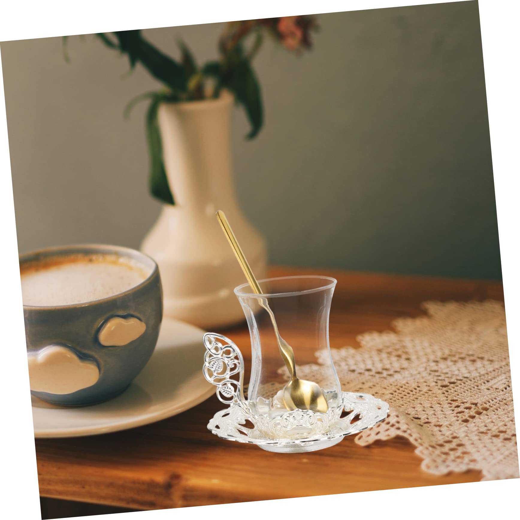 2Juegos Taza de Café y Té de Vidrio con Platillo y Cuchara Diseño Elegante y Tallado para Servir Bebidas Calientes Estilo Vintage para Hogar