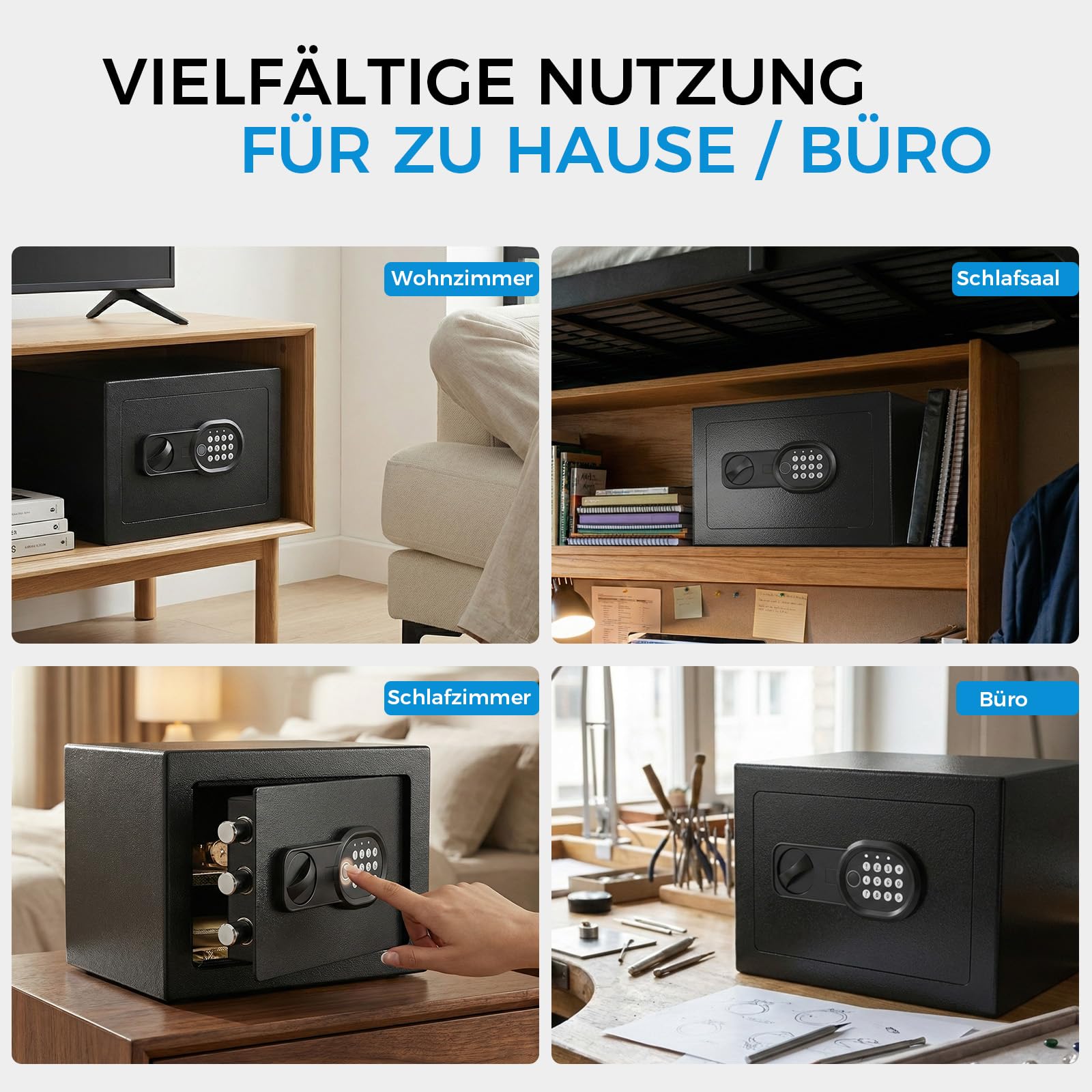 GTPLAYER Tresor für Zuhause, Feuerfester Wasserdichter Mini Sicherheitstresor mit Fingerabdruck, Zahlencode, Notschlüssel & Alarmfunktion – Elektronische Verriegelung für Bargeld Dokumente (12L)