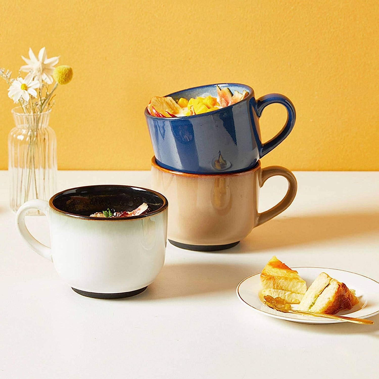 Regalos Taza de cerámica Cuencos de sopa de cerámica con mango Cuchara, Taza de café grande Leche Cereales Capuchino Taza de té Lavavajillas Microondas Apto Sopa Taza-azul-600ml/20.3oz (Color : White