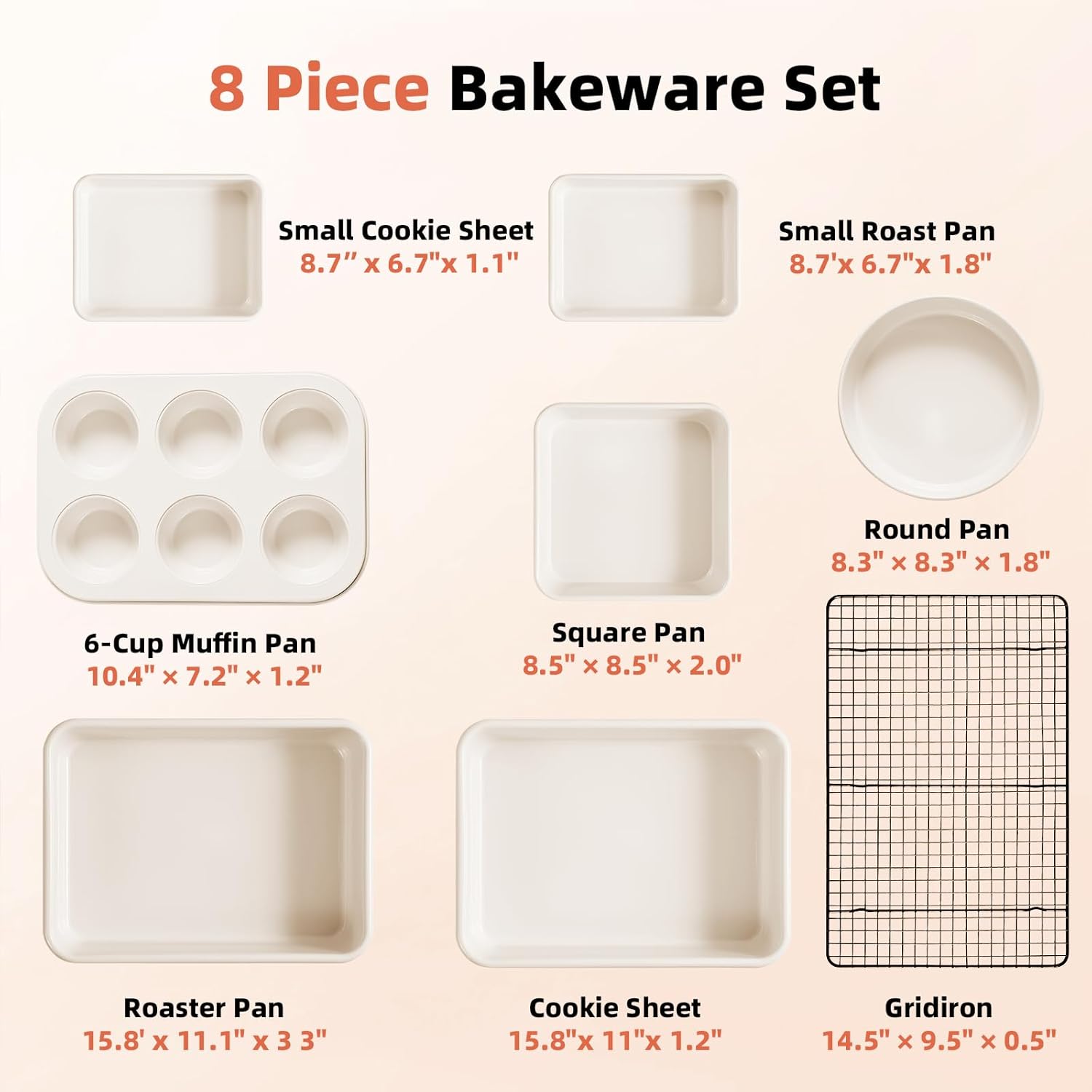 8-Piece Non-stick Baking Pans Set – Stackable Bakeware Set for Kitchen, Carbon Steel Baking Set with Cookie Sheet, Roasting Pan, Cake Pan, Muffin Pan, Cooling Rack, Baking Essentials Supplies