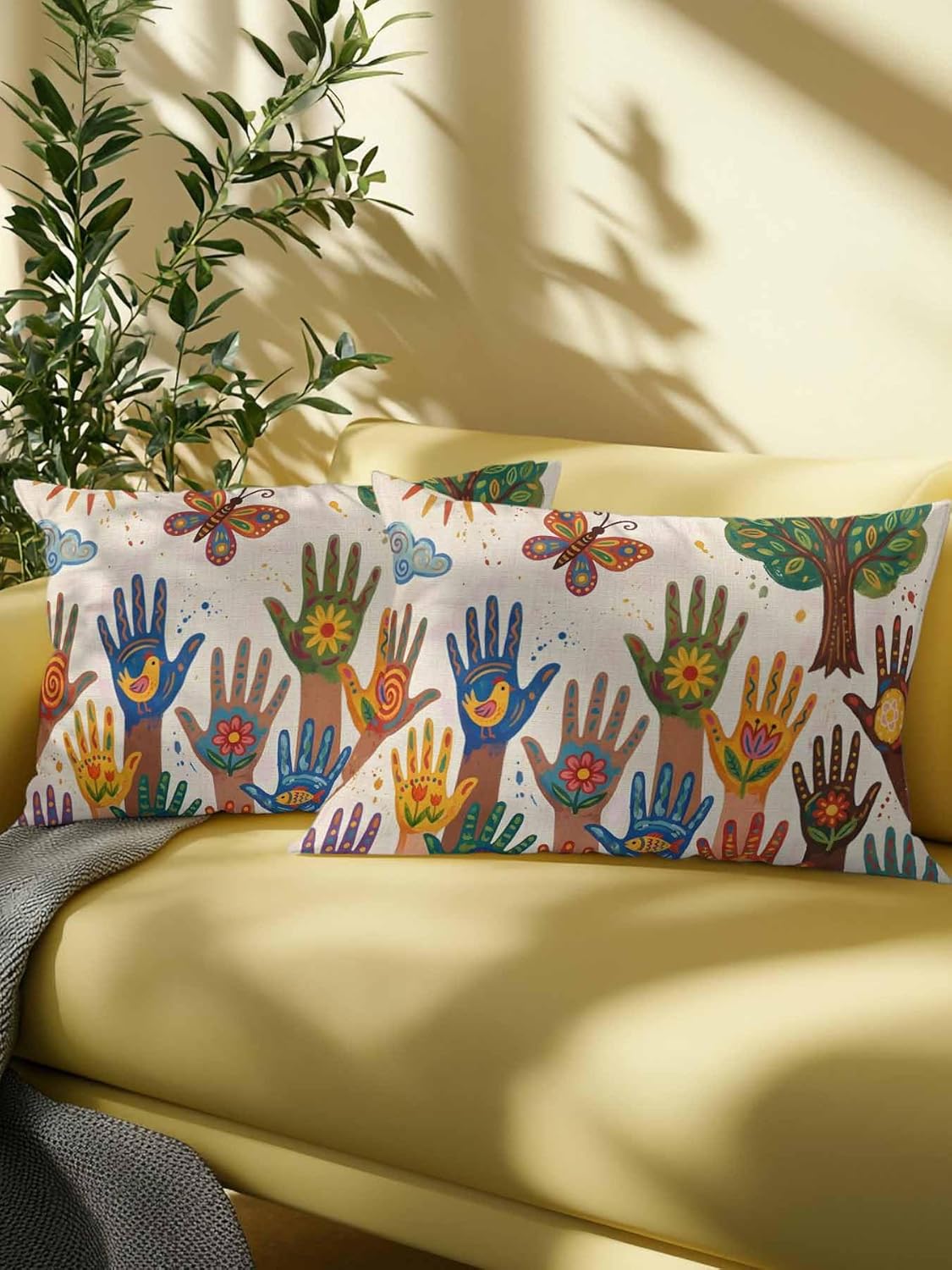 1 Pack Outdoor Pillows Waterproof, Children's Day Indoor/Outdoor Throw Pillows with Inserts, Cartoon Handprint Butterfly Retro Beige Decorative Pillow for Patio Furniture Chairs Couch 12"x20"