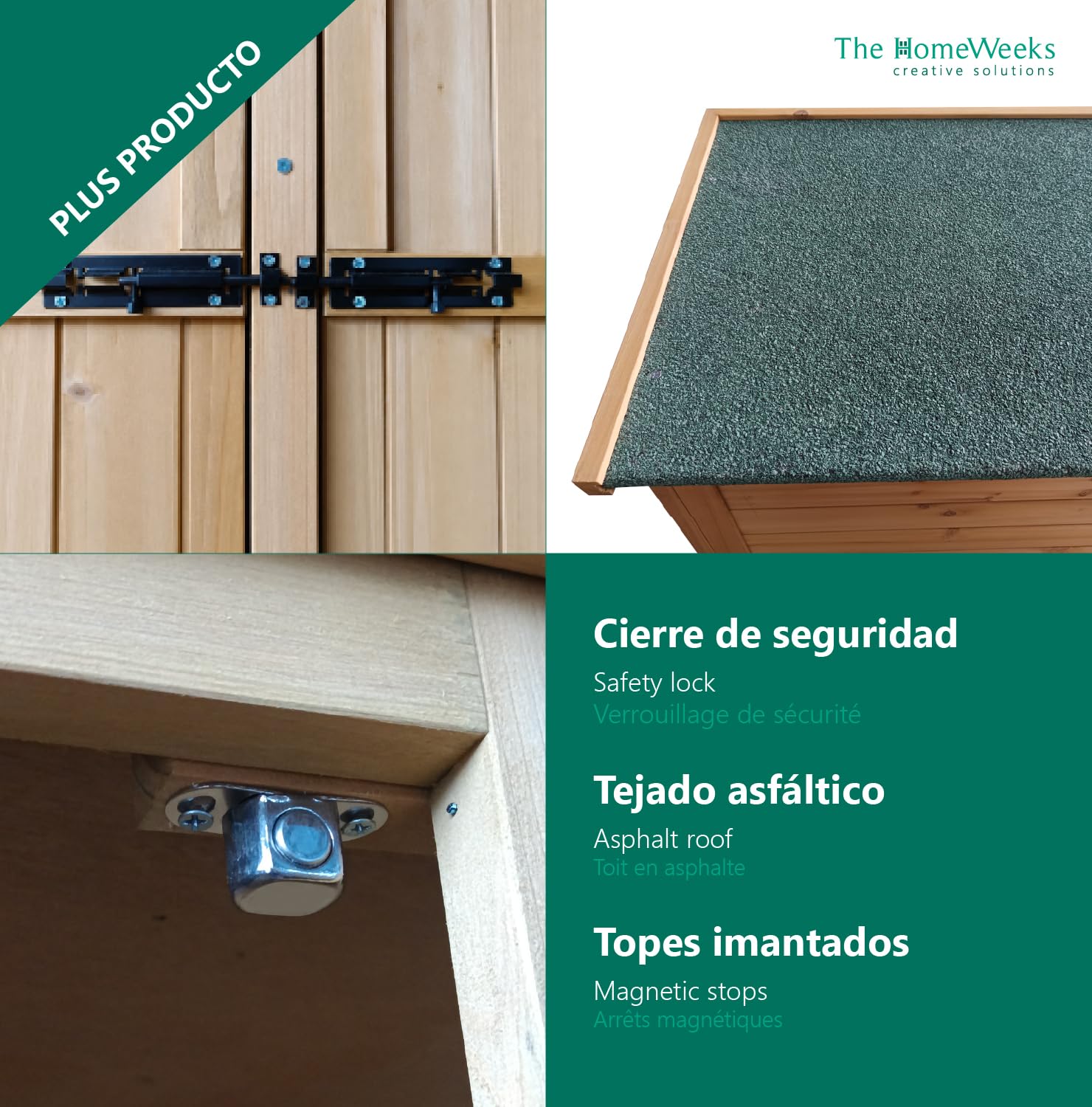 The Homeweeks Cobertizo Armario Jardín ISABA | Madera Tratada Maciza | 135 * 50 * 152cm. | Armario Multiusos Impermeable | Almacenamiento |Doble Puerta con Cerrojo | Cubierta Asfálto Impermeable