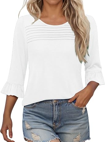 PBNBP 3/4 Length Sleeve Womens Tops Dressy Casual Blouses Ruffle Bell Sleeve Front Pleated Fashion Trendy Summer Shirts Tunic
