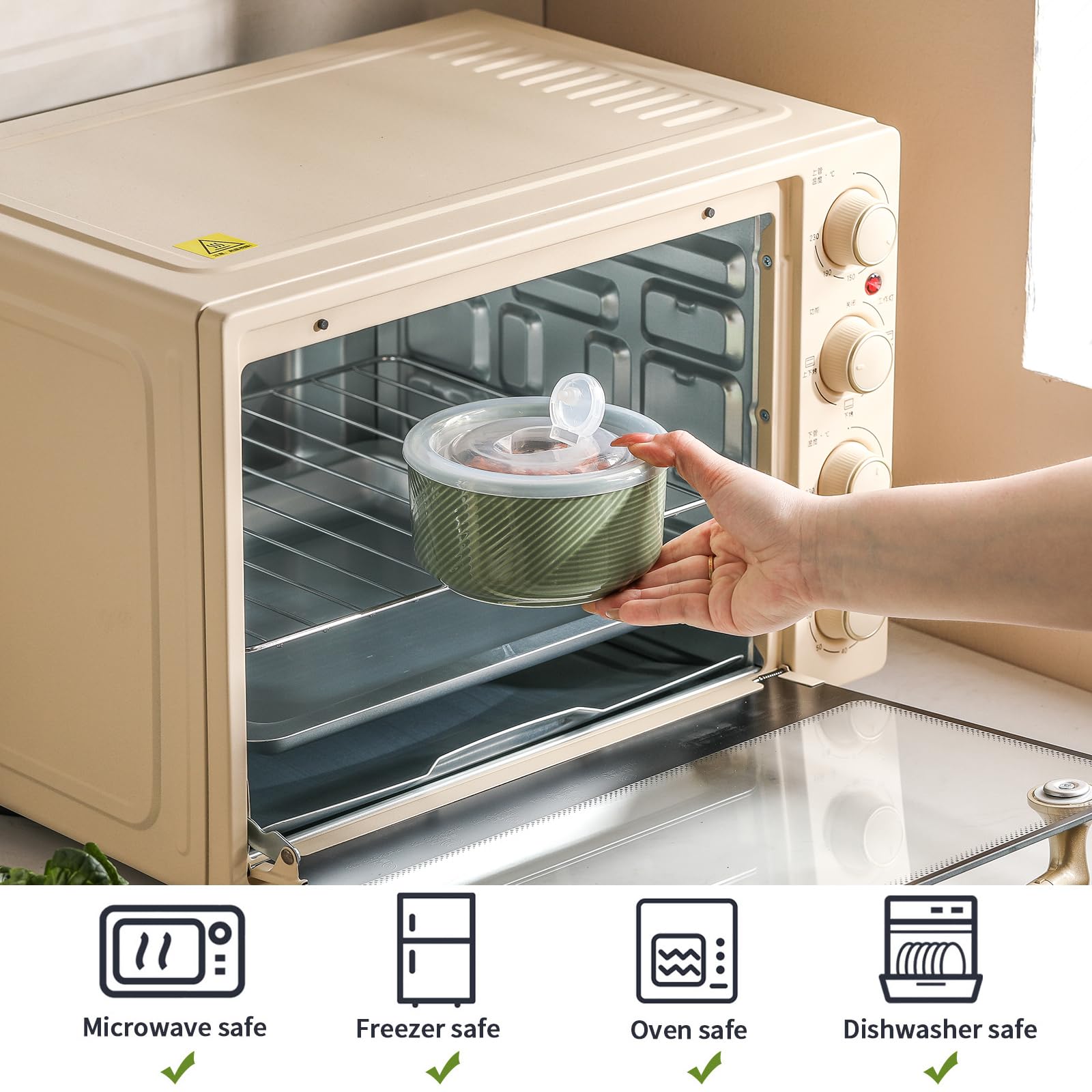 Adewnest Ceramic Bowl with Lid: 20 oz Microwave Safe Food Storage Container for Soup, Salad, Cereal, Leftovers, Meal Prep, Lunch, Picnic, Camping, Serving - Airtight, Green, 1 PCS