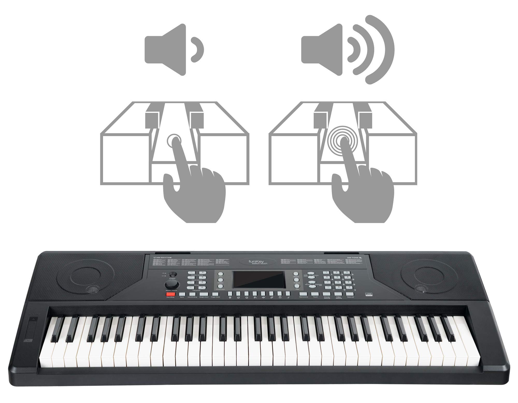 FunKey 61 Edition Touch Negro, Pantalla LC, 300 sonidos, 300 ritmos | 61 teclas estándar con respuesta táctil dinámica, 40 canciones demo, 8 pads de percusión, Función de transposición y split