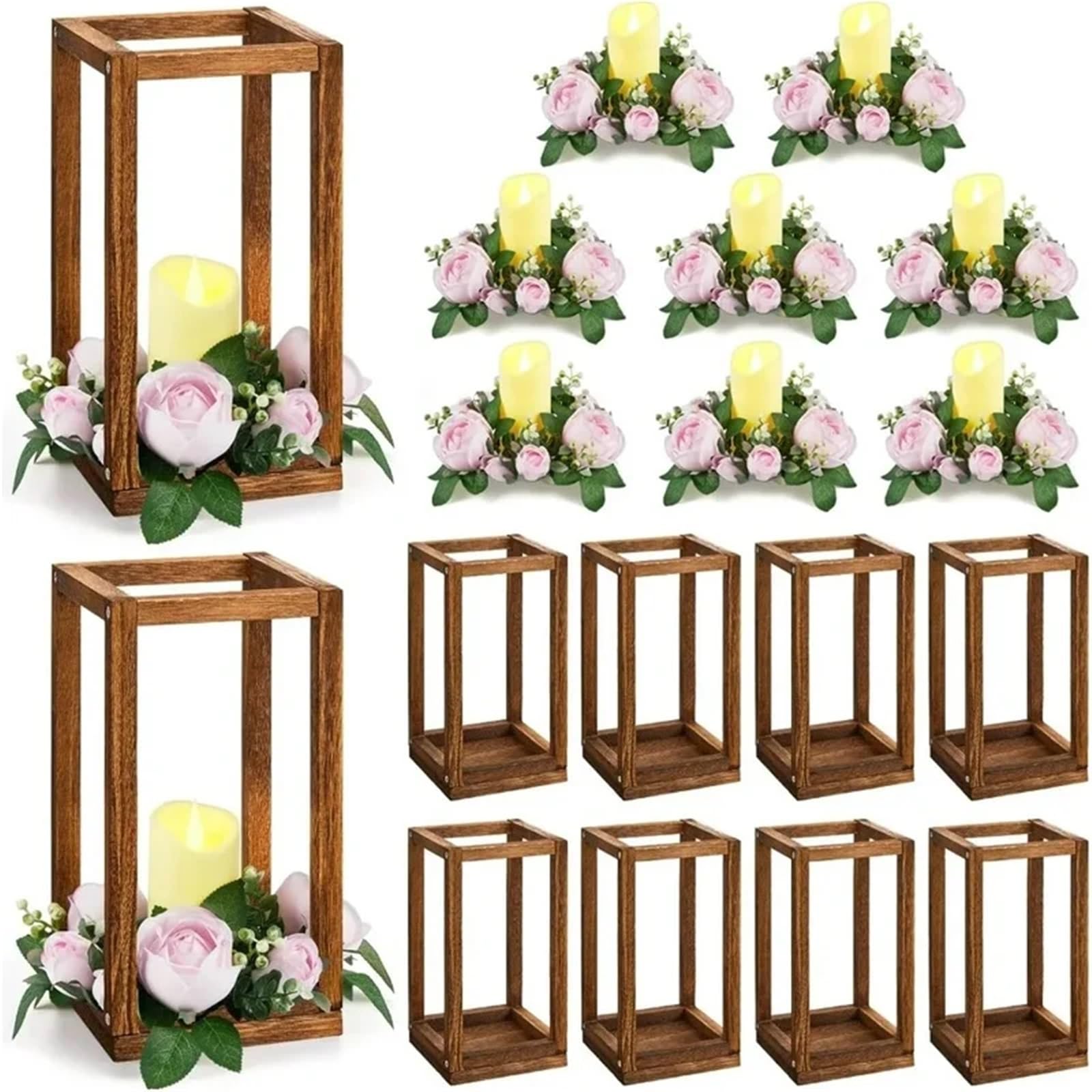 Portavelas Decor Faroles de Madera eucalipto, centros Mesa, candelabros, Rosas, decoración Decorativa for Fiestas(White Flower)
