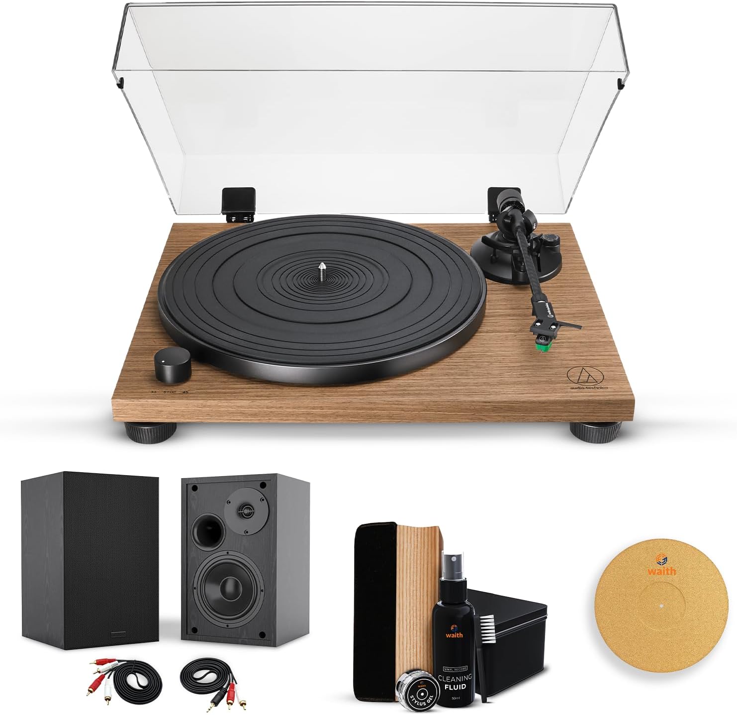 AT-LPW40WN Fully Manual Belt-Drive Stereo Turntable (Walnut) with 4 Inch Powered Bookshelf Speakers (Pair), Premium Vinyl Record Cleaning Kit and Cork Turntable Platter Mat - Bundle Set