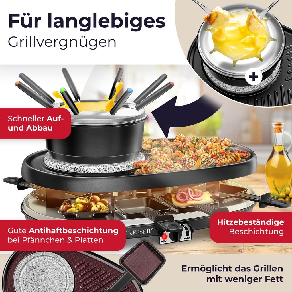 KESSER Grill do raclette 3 w 1 z naturalnym kamieniem grillowym, płytą grillową i fondue, grill stołowy dla 8 osób, grill elektryczny raclette