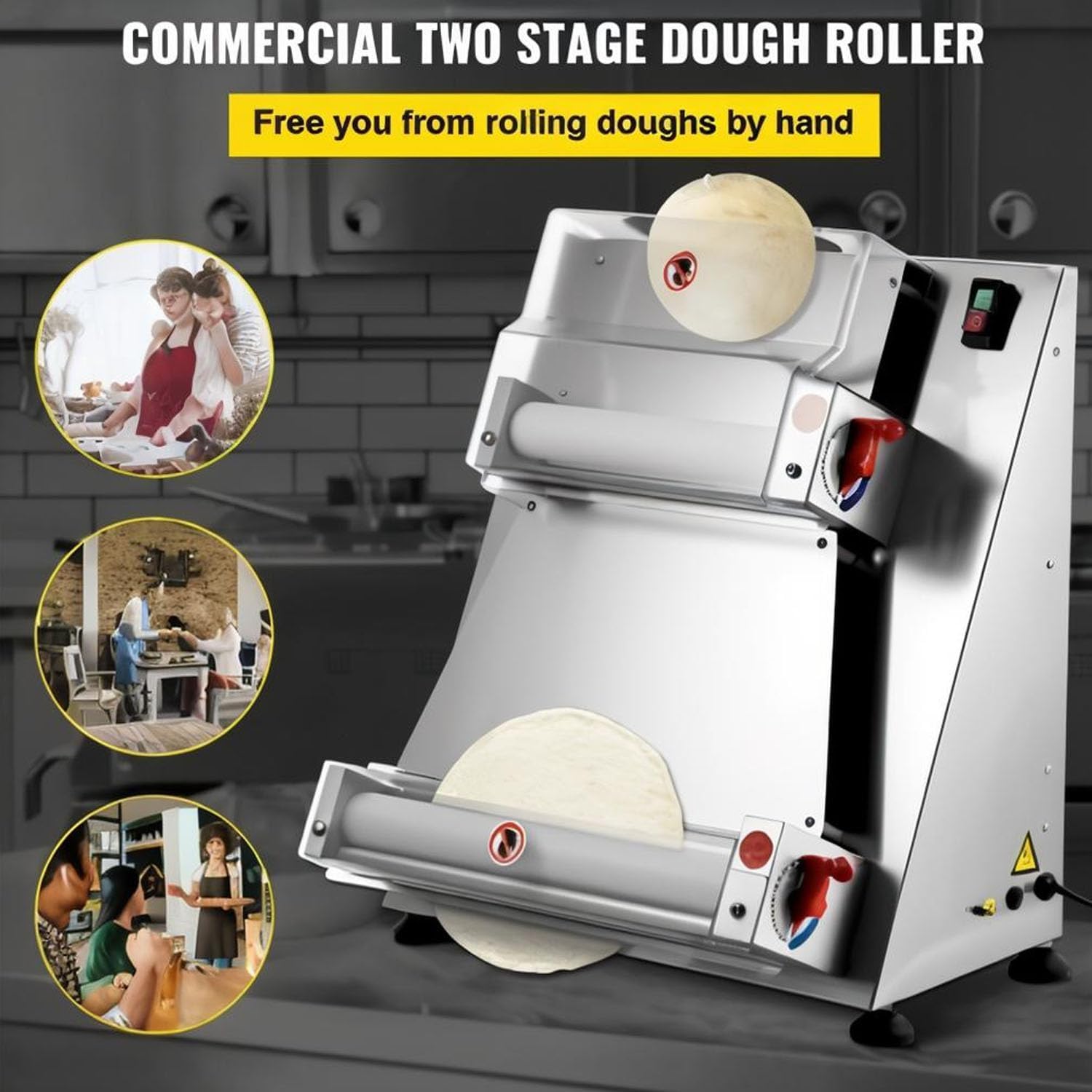 450W 商業用ピザ生地ローラースシーター、3-16インチ 電動ピザ生地ローラーマシン、厚さ調整可能な機、やパンに最適