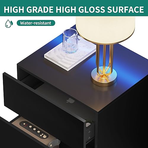 Miniatura 5 de YITAHOME Mesita de noche con luces LED, mesas de noche de alto brillo con 3 cajones, mesitas de noche flotantes altas para dormitorio, juego de 2,