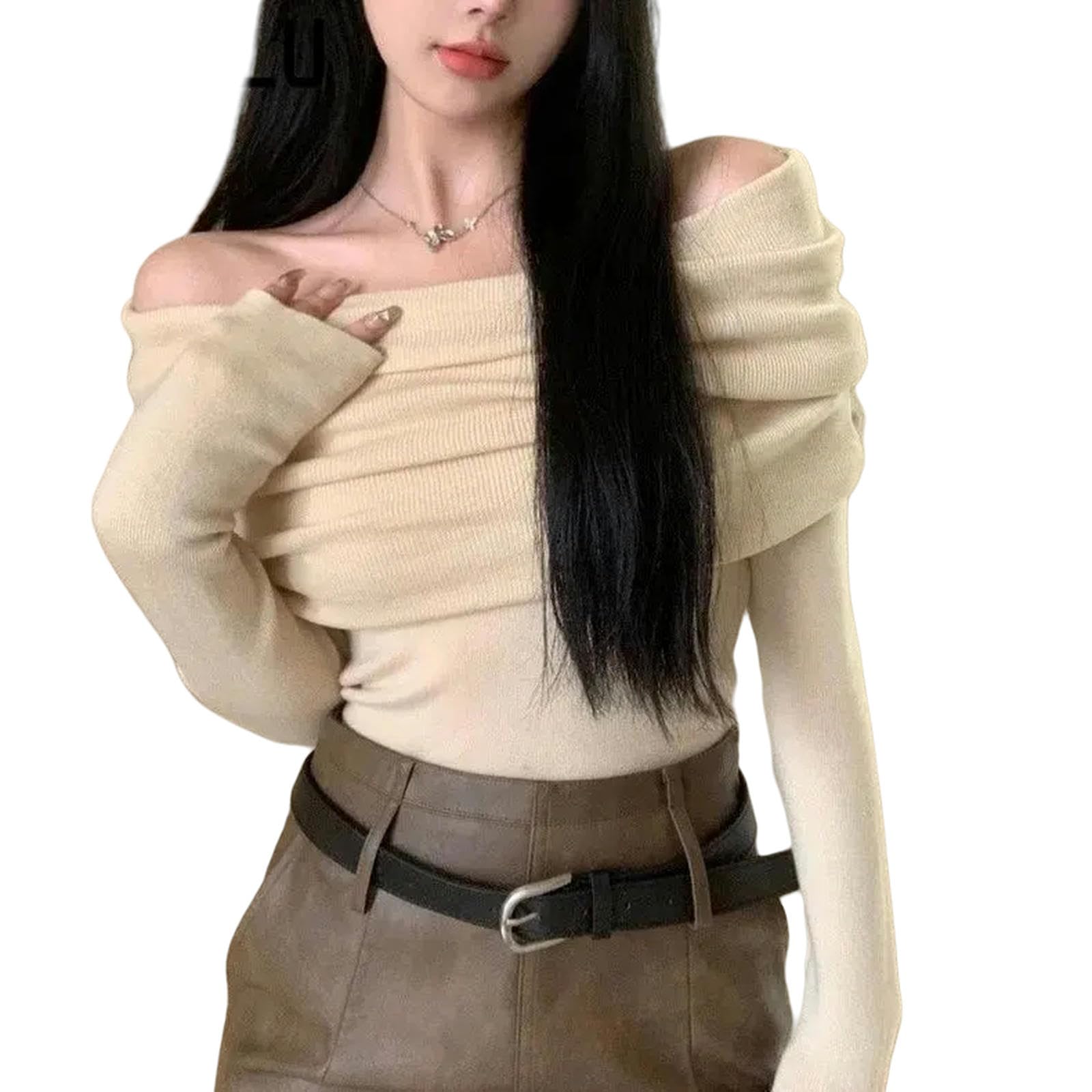 Maglione Donna Design del Maglione A Maglieria Fuori Spalla Design A Maniche Lunghe Donne Maglione da Donna Femminile Primaverile Sexy Camicia da Fondo Magro-Albicocca del Latte-m
