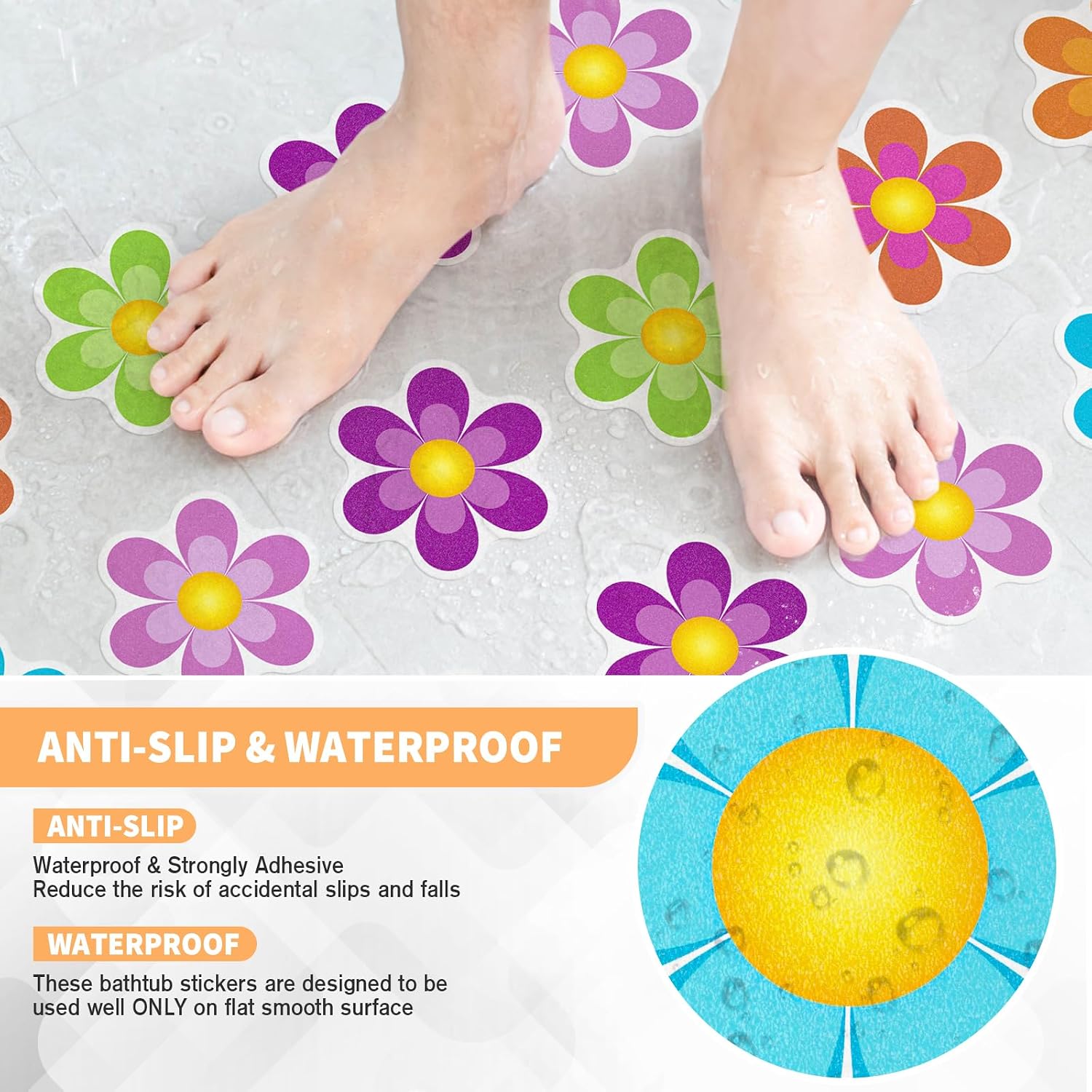 Non Slip Bathtub Stickers, 20 PCS Shower Stickers for Safety Bathroom Tubs, Bathtub Non Slip Stickers and Adhesive Decals Scraper for Bath Tub, Shower Floor(Bright Flowers)
