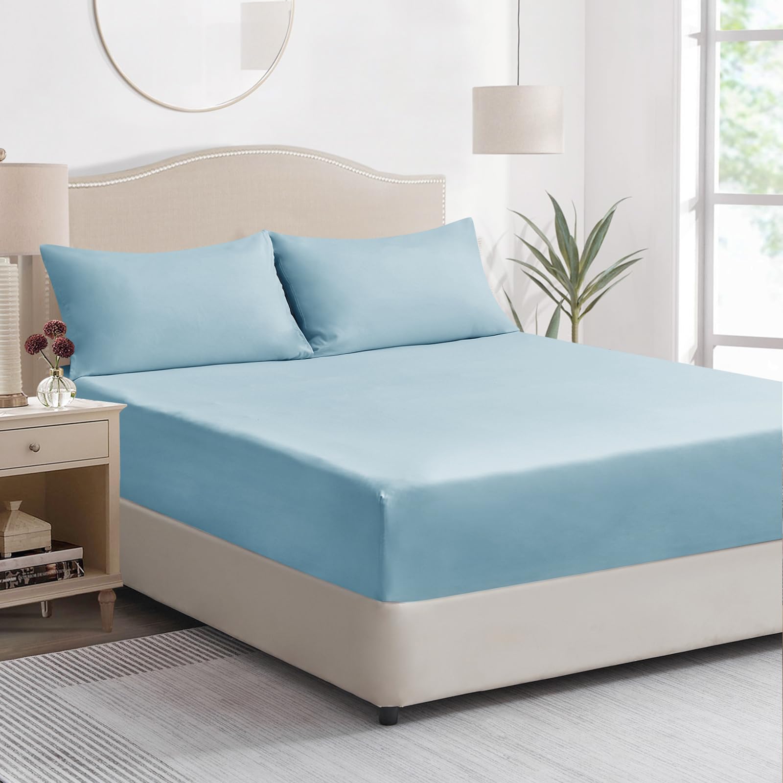 Tifschlaf Double Fitted Sheet Deep - Light Blue Bed Sheet Extra Deep Pocket 16 inch (40 cm), Soft Brushed Microfiber Mattress Bottom Bedding Sheet Baby Blue, 135x190cm
