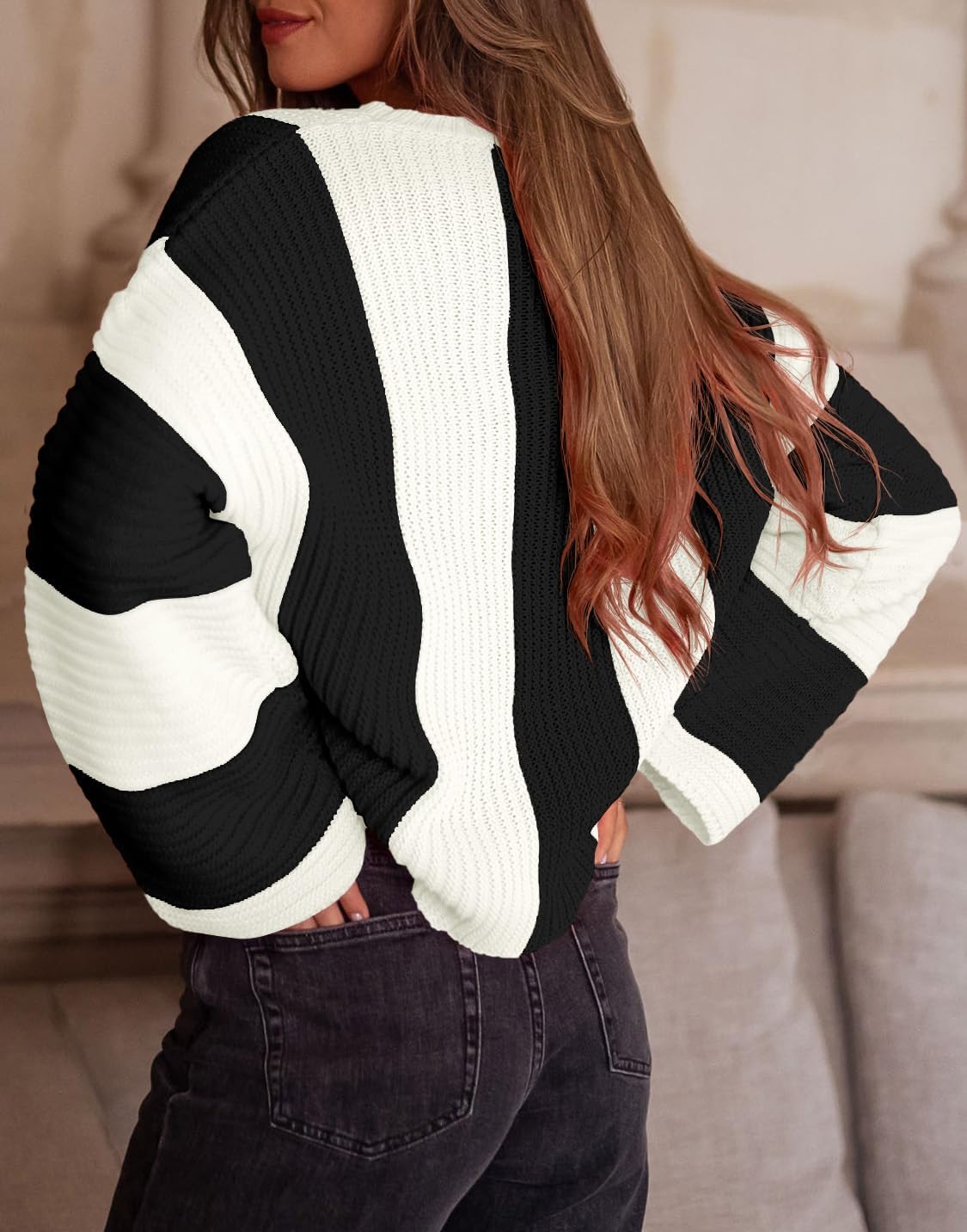 Saodimallsu Womens Striped Color Block Sweaters Fall Crew Neck Long Sleeve Ribbed Knit Casual Loose Pullover Sweater - Image 5