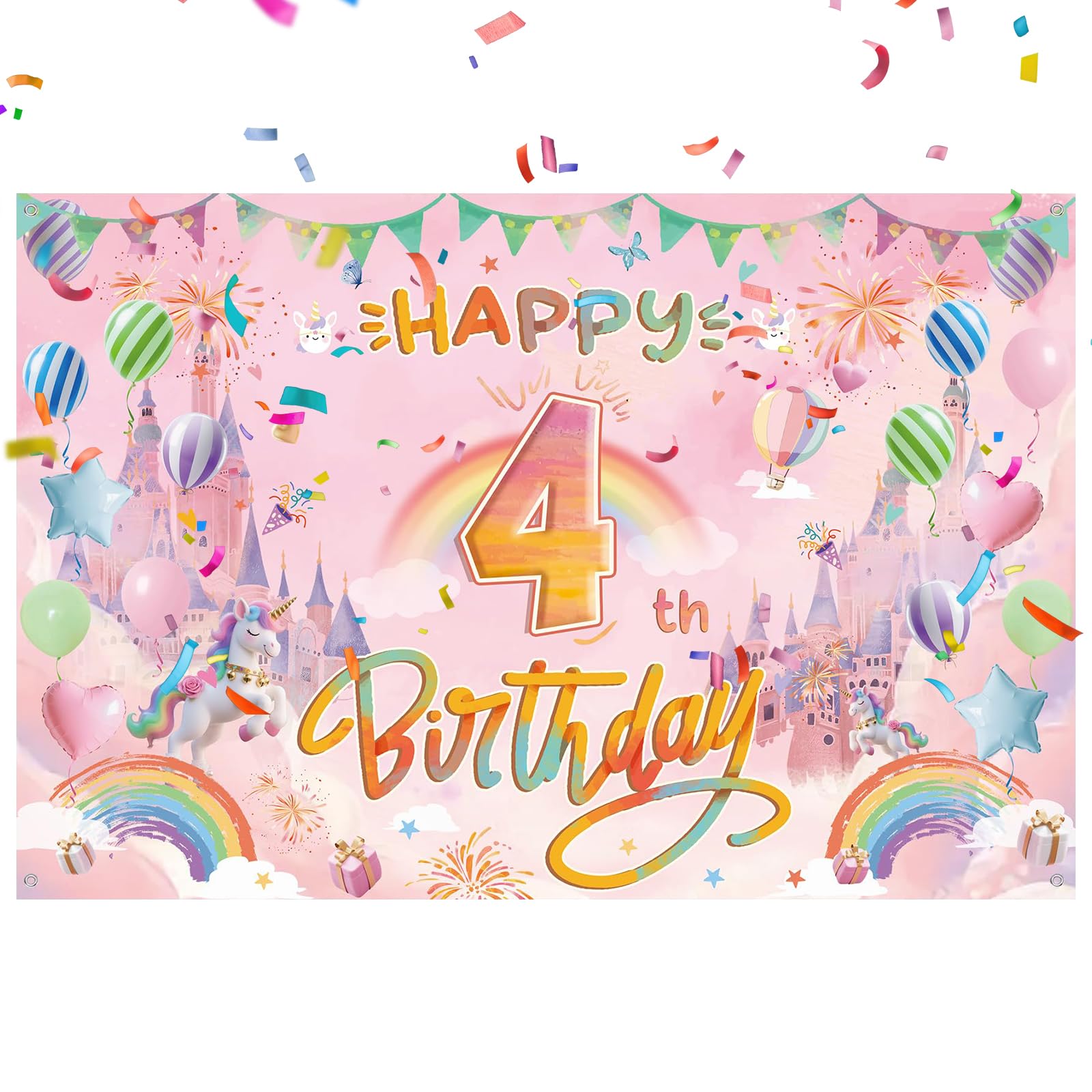 Unicorn 4th Birthday Decoration Backdrop-150 * 100cm Rainbow Castle Unicorn Happy 4th Birthday Banner,Unicorn Birthday Decorations for 4 Years Old Girl's Pink Party