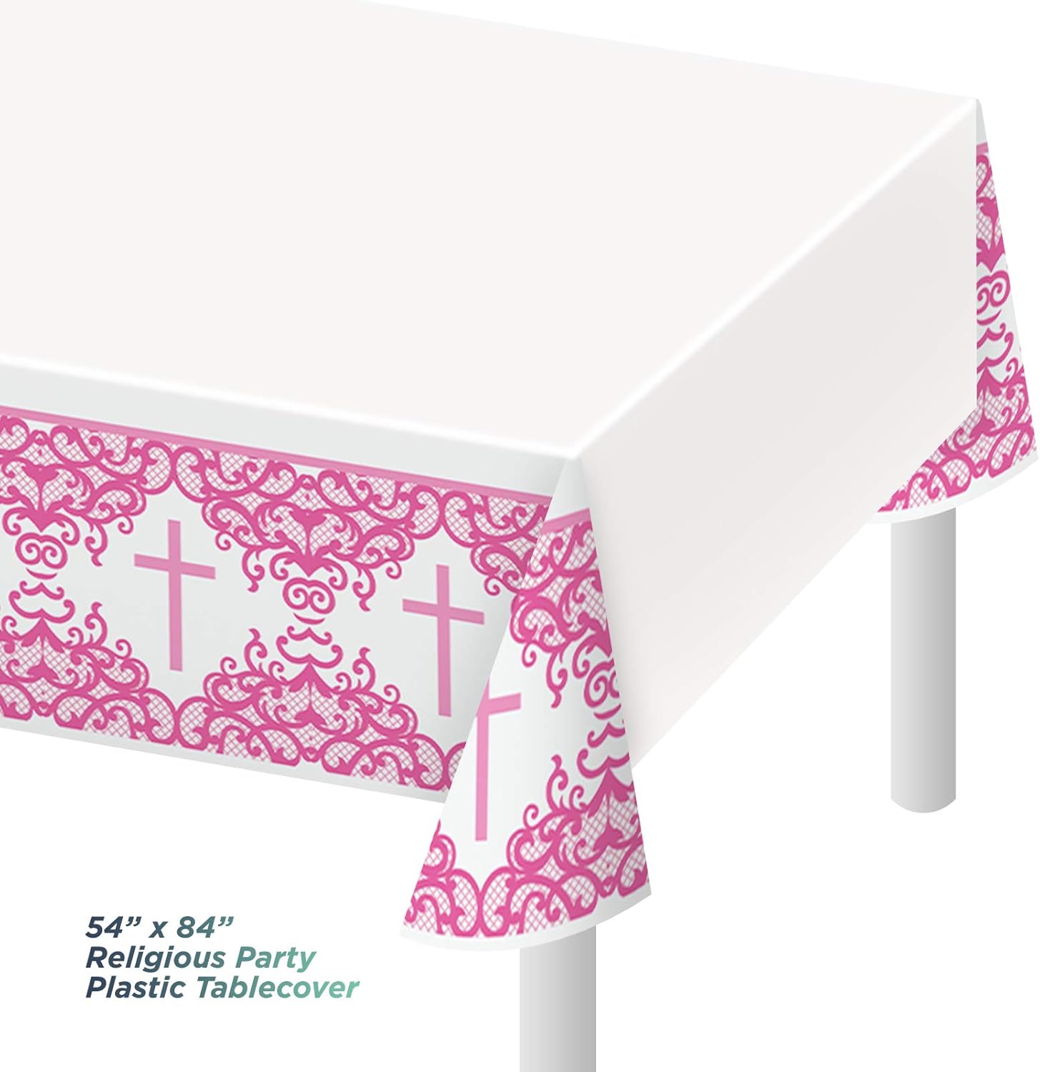 Fancy Pink Religious Cross Dinner Party Pack - Paper Plates, Luncheon Napkins, Cups, and Table Cover Set (Serves 16)