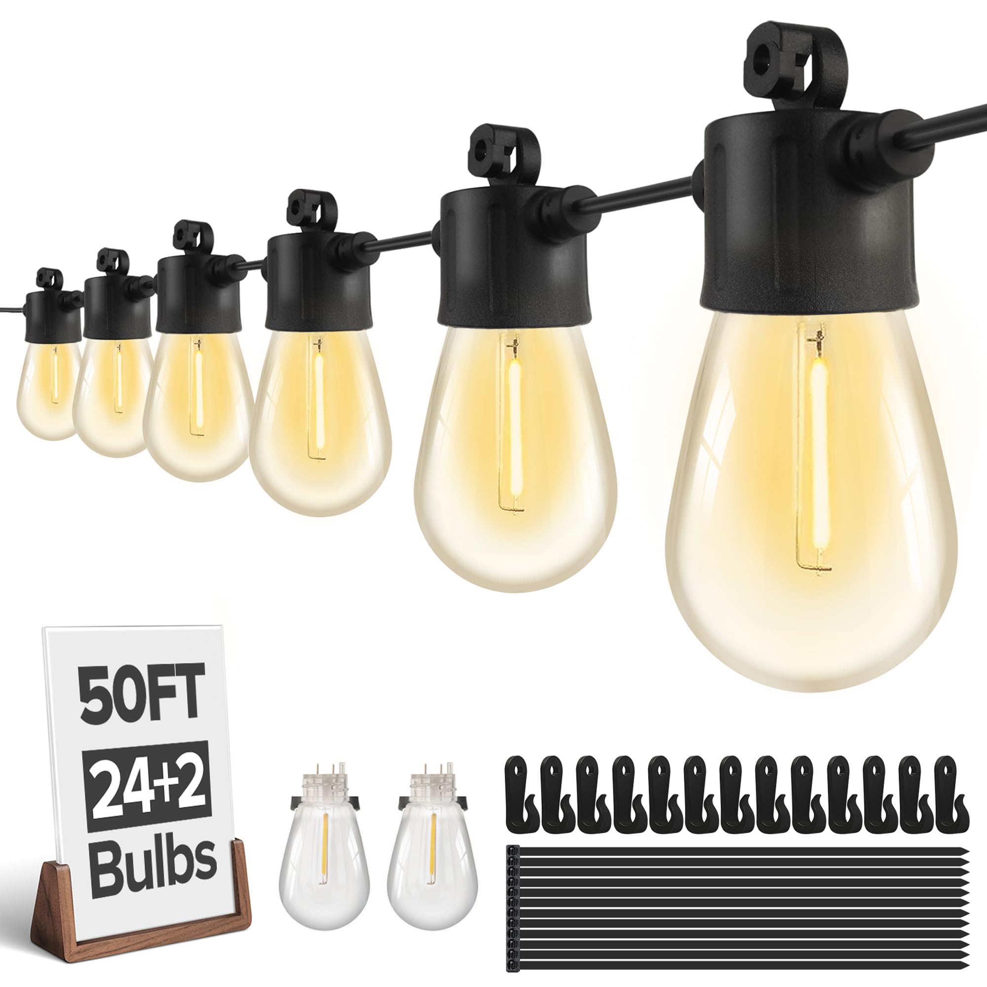 UME 50FT Outdoor String Lights S14 LED Patio Lights with 26 Shatterproof Edison Vintage Bulbs(2 Spare), Waterproof Connectable Hanging Lights for Porch, Deck, Garden