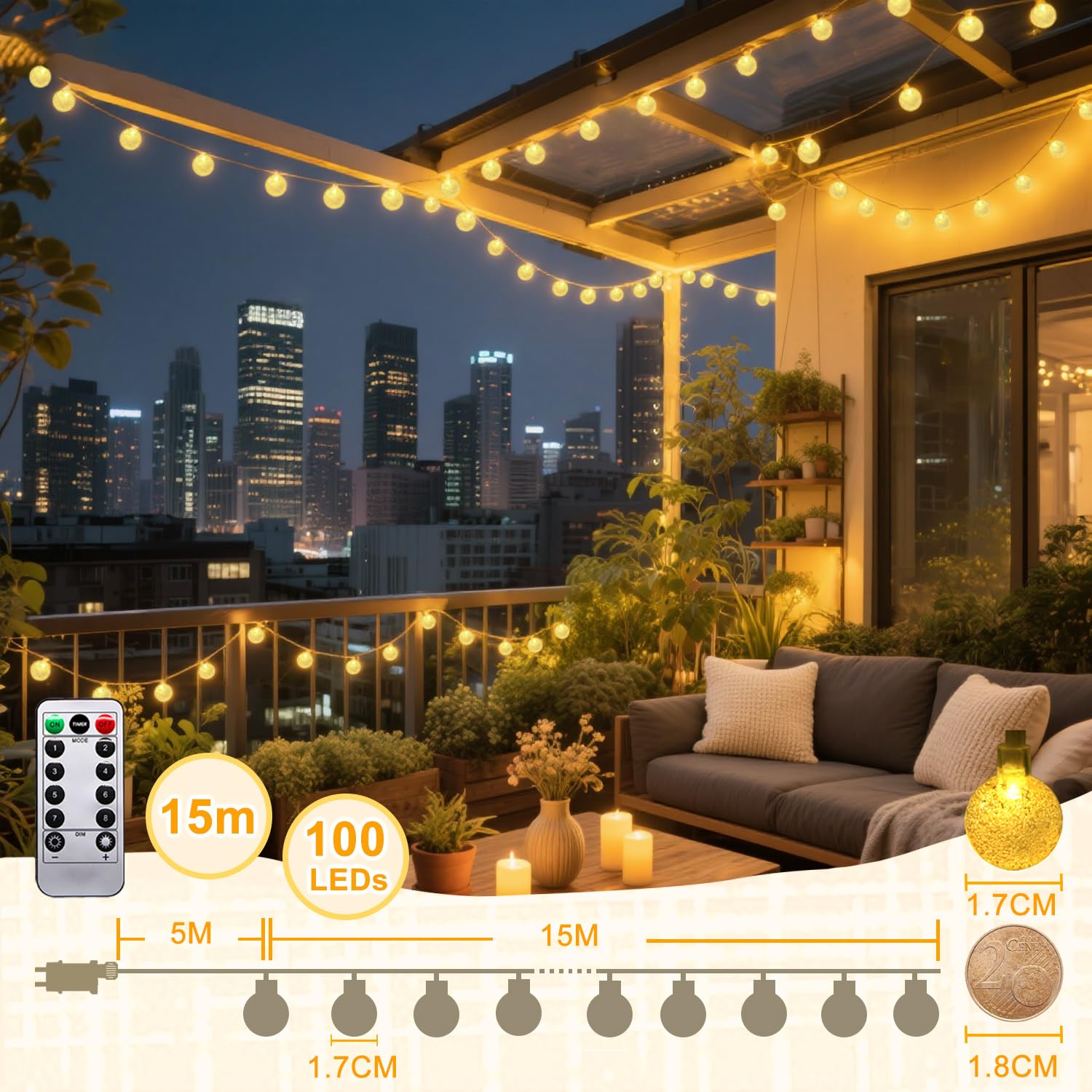 taiyongkang Guirnalda Luces 15m 100 LED con Bolas de Cristal, Enchufe y 8 Modos, Luces Decorativas para Interior, Guirnalda Luces Exterior IP44 para Navidad, Terraza y Jardín