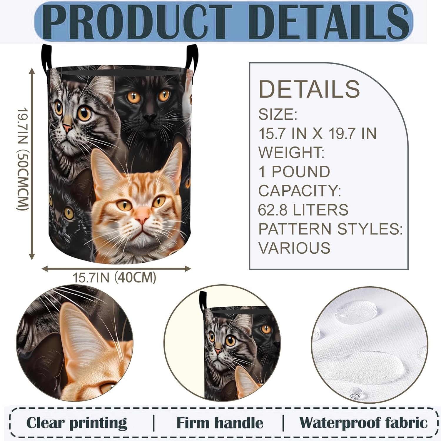 Cat Laundry Basket Hamper 19.7"x15.8", Cats Foldable Waterproof Oxford Clothes Storage Bucket for Room Bathroom Bedroom Nursery Decor, Toy Organizer Bins Gifts for Kids Boys Girls