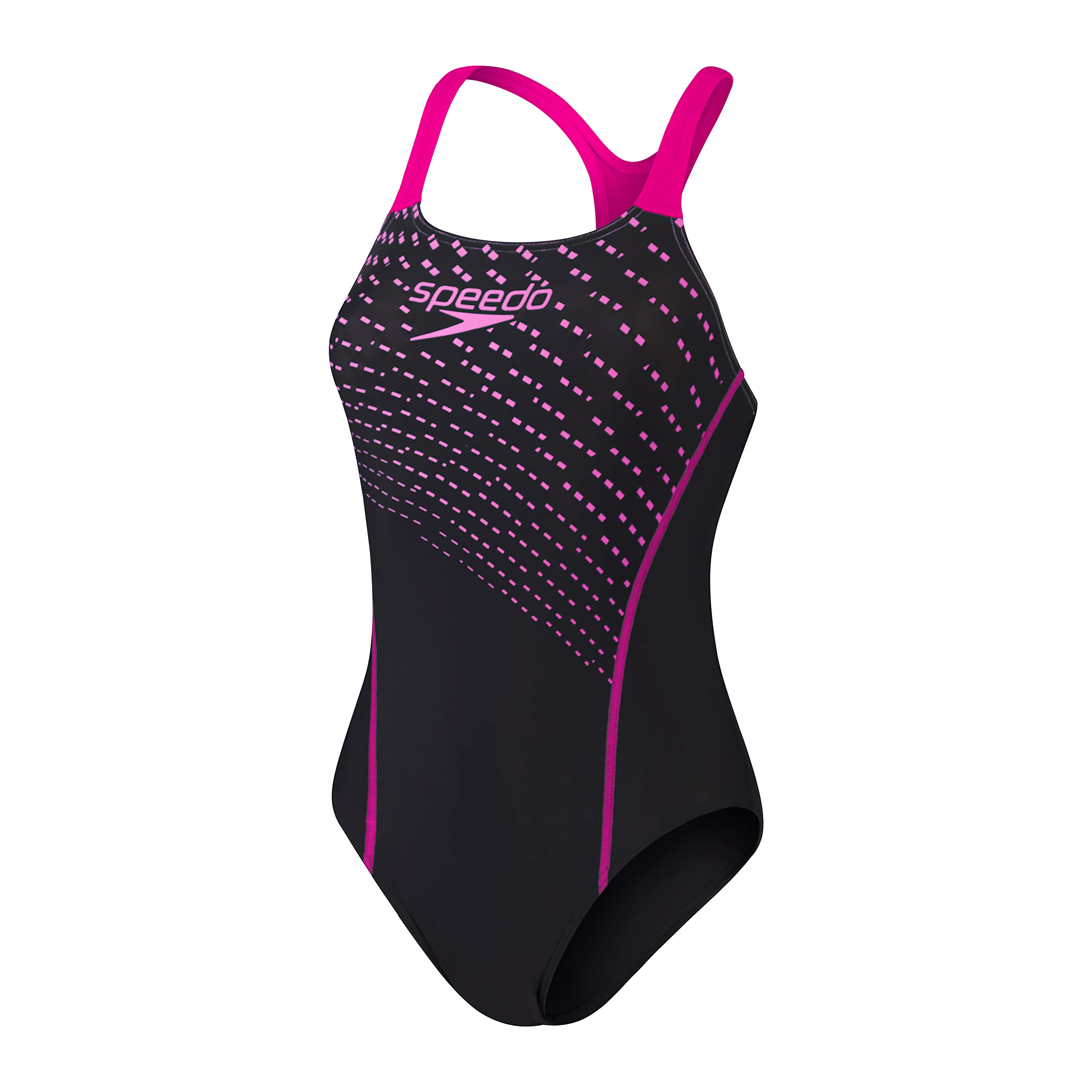 Speedo Damski kostium kąpielowy z logo Medley 1 sztuka czarny fioletowy strój kąpielowy