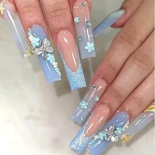 Hebterrka 24 uñas postizas cuadradas de color azul mariposa para uñas postizas largas brillantes brillantes con diamantes de imitación falsos