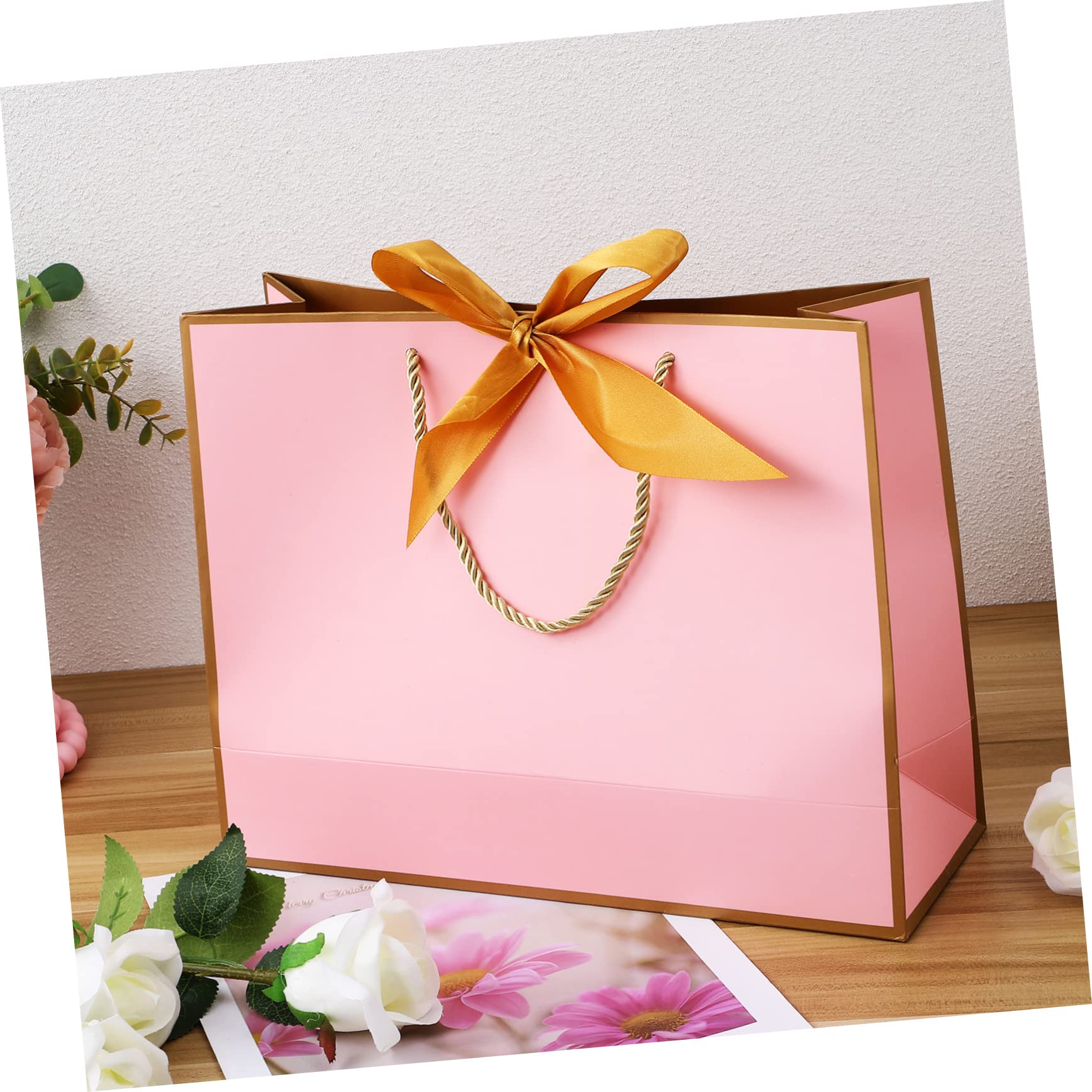 Bolsas de Obsequio Lazo Rosa de Papel, 10 Piezas para Boda y Fiesta | Asa Resistente, Diseño, Acabado Marco Dorado, Adecuado para Celebraciones y Obsequios