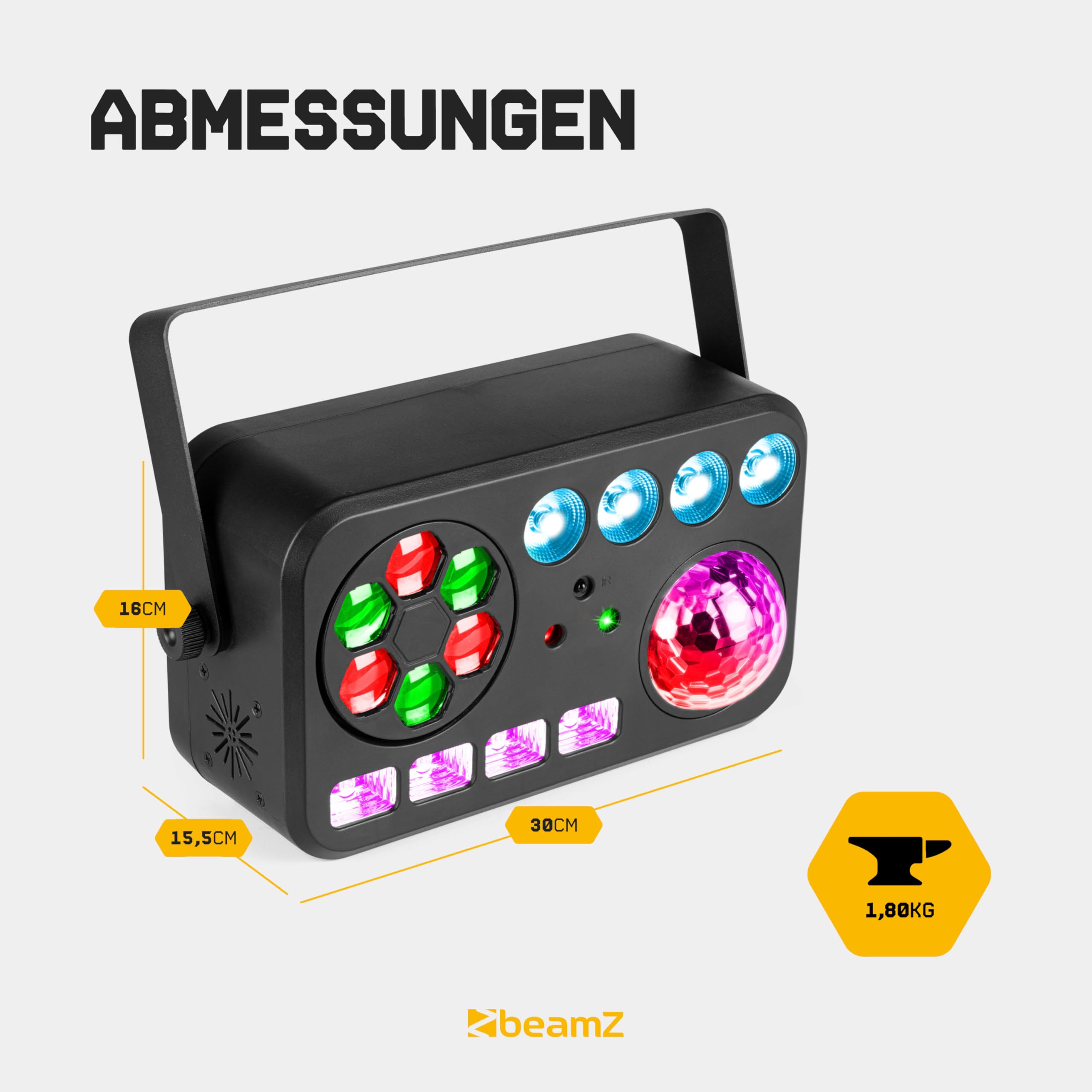 BeamZ Shimmer2 Discolicht Partylicht – 6-in-1 LED Effekt mit Jelly Ball, Bee-Eye, Welleneffekt, Stroboskop & UV – Musikgesteuert mit DMX & Fernbedienung, Bühnenbeleuchtung für Disco & Partys