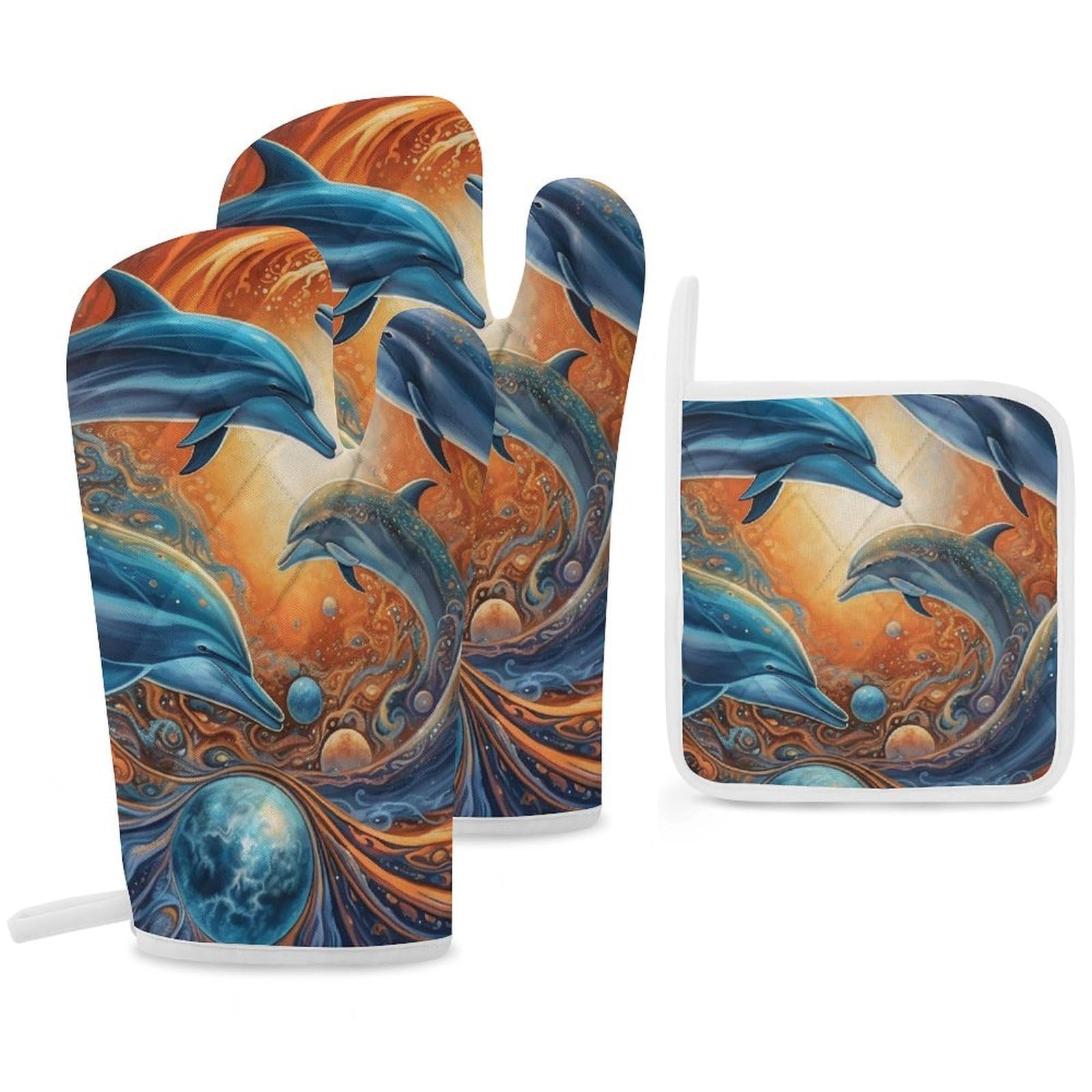 Oven Mitts And Pot Holders Sets of 3 Heat Resistant BBQ Gloves Dolphins in The Solar System Oven Mitts Gloves Non-Slip Kitchen Mittens Potholders for Cooking Baking Grilling BBQ Microwave