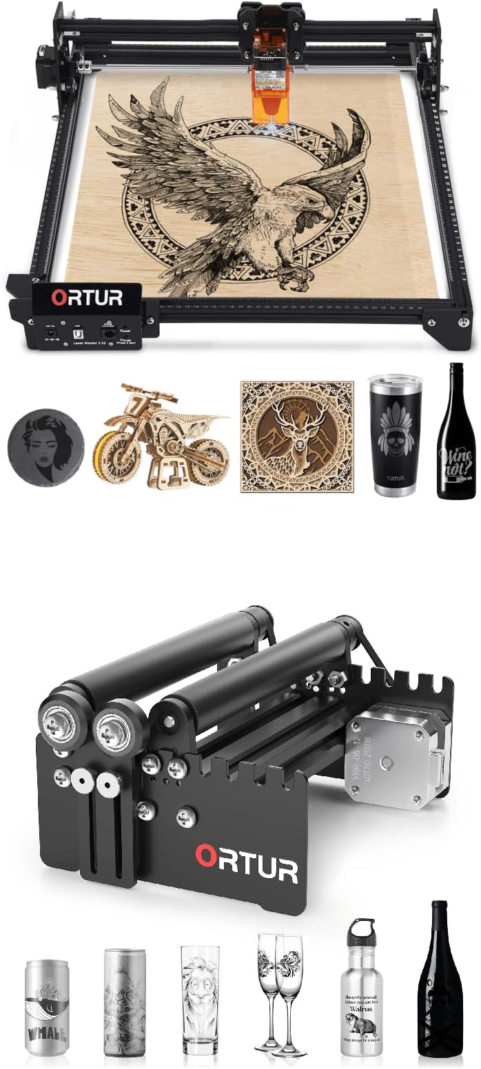 OrturLaser Master 2 S2-LF with Laser Rotary Roller, 5500mW Laser Engravera, Laser Engraving Cutting Machine, Laser Class 4