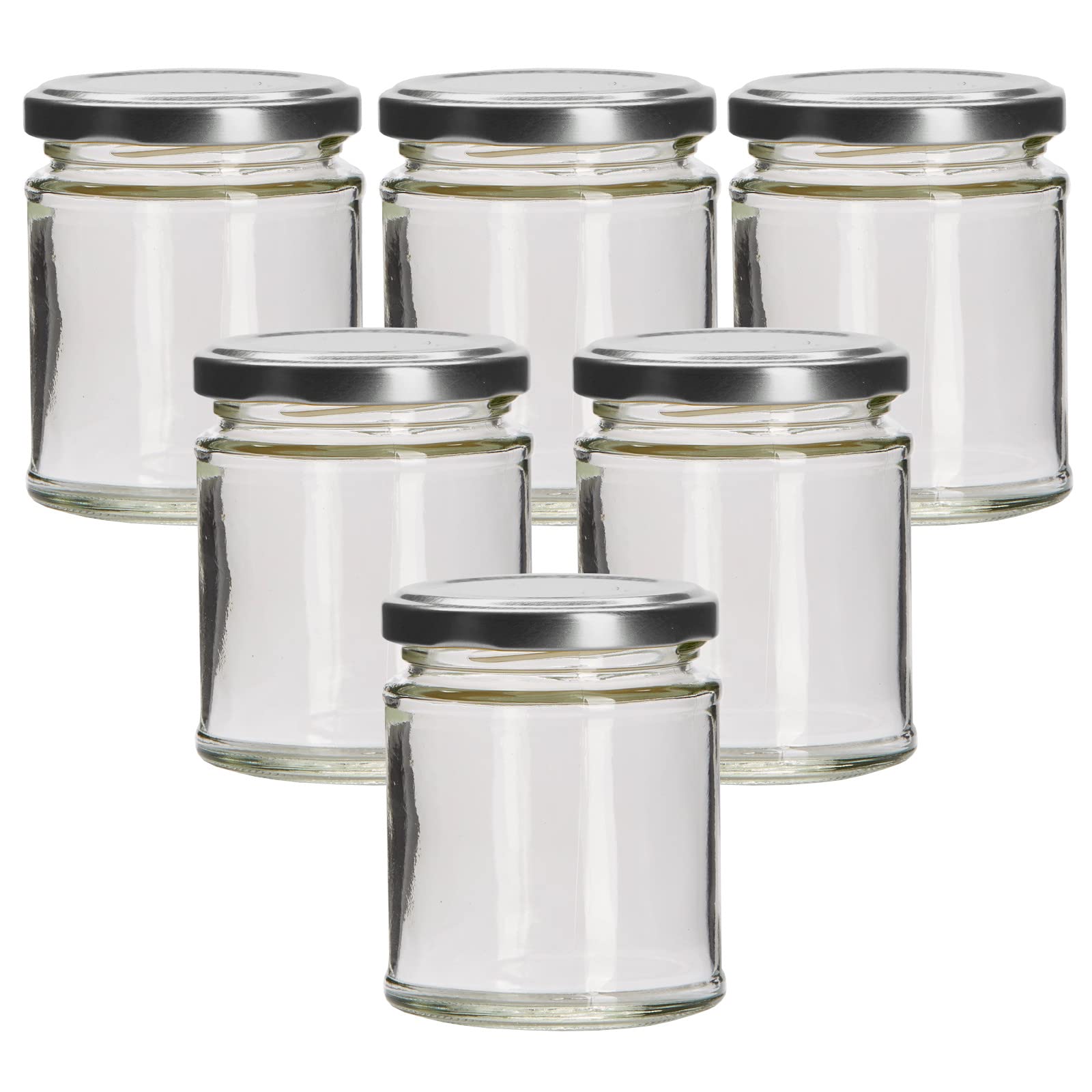 Glass Jam Jars 190ml Round With Silver Lids - Pack Of 6 - Pickles Preserving