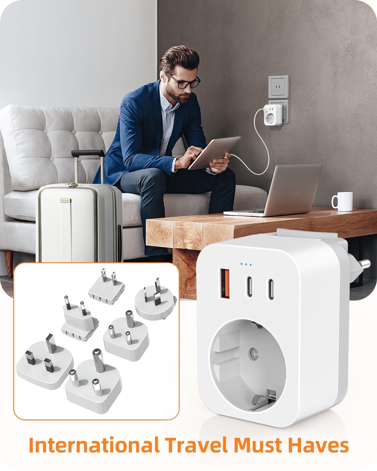 Reiseadapter Weltweites Set, Internationaler Steckdosenadapter mit USB C (PD 20W), 6 Abnehmbare Reisestecker Travel Adapter für Südafrika/JAP/AUS/USA/EU/UK (Weltadapter+6 Aufsatz)