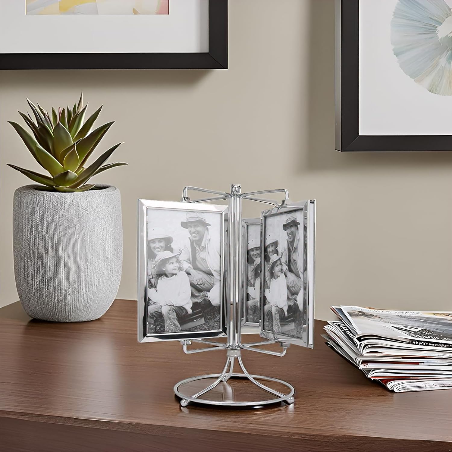 Photo Frame Rotating Menu Frame Metal Photo Frame Carousel Album Photo Carousel Suitable for Kitchen Bedroom Corridor Living Room Dining Table Decoration 10.8 x 10.6 Inches