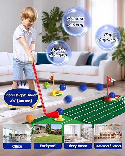 Miniatura 3 de KINGTOP Juego de golf para niños pequeños con tapete de putting y tabla de cornhole, palos de golf para niños de 3 a 5 años con 10 pelotas, 4 palos,