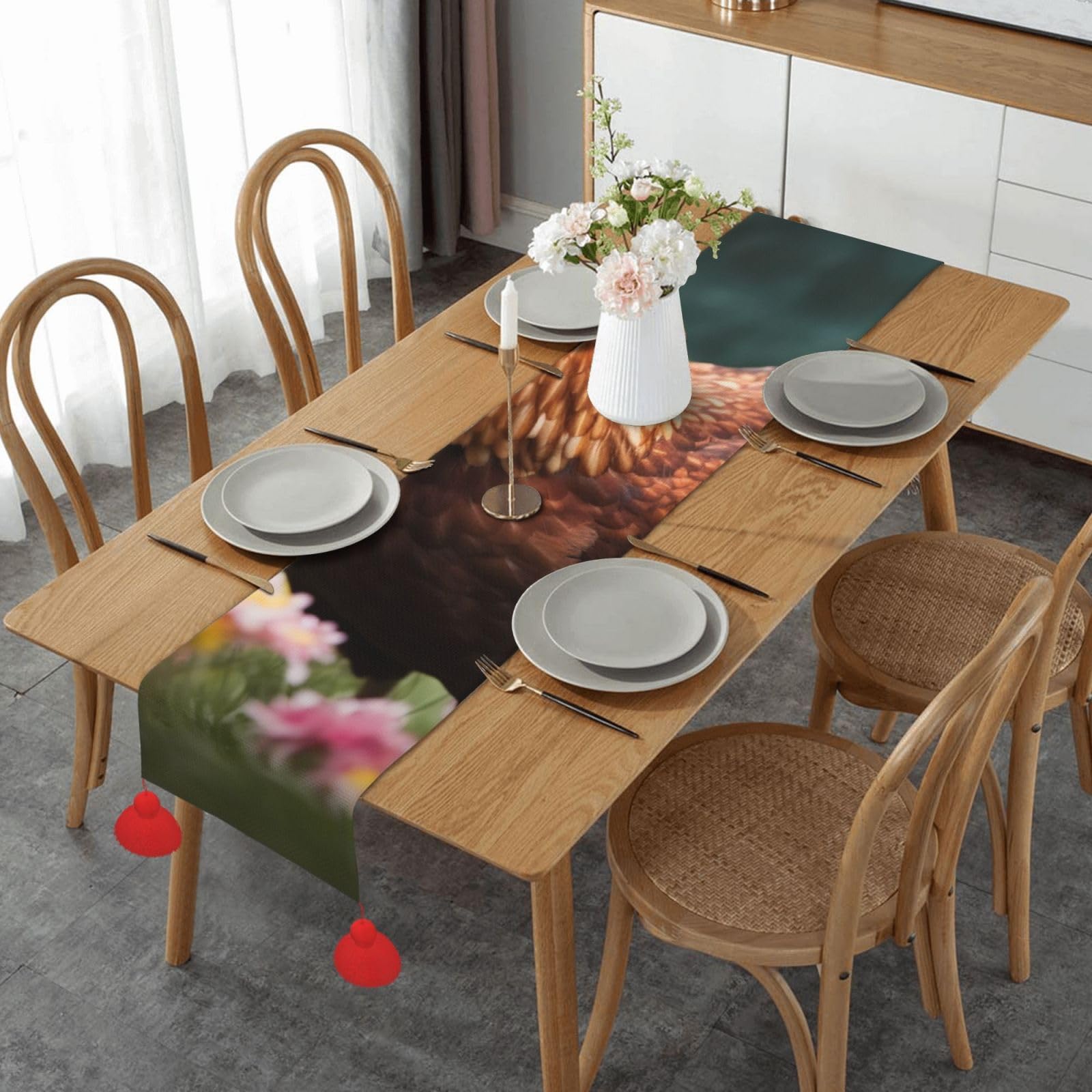 Chemin de table en lin poule et fleurs rustique avec pompons 35x152 cm