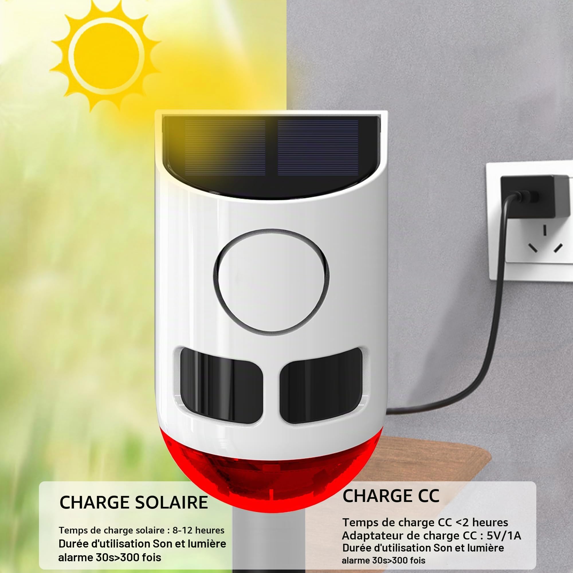 Détecteur de Mouvement Solaire extérieur - 110 DB - Bruit Fort - 4 Modes de Fonctionnement - Lumière stroboscopique avec USB - pour la Maison, la Villa, la Cour, Le poulailler, la Ferme, la