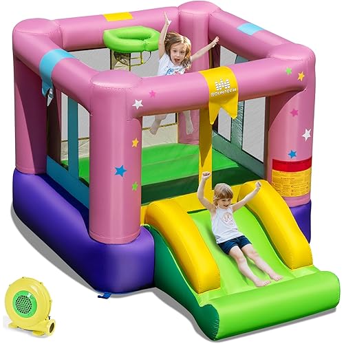 BOUNTECH Inflatable Bounce House, Bouncy House for Kids 3-12 Indoor Outdoor w/480W Blower, Jumping Area, Slide, Basketball Game, Mini Bounce House for Toddler Boys Girls Birthday Party Backyard Gifts